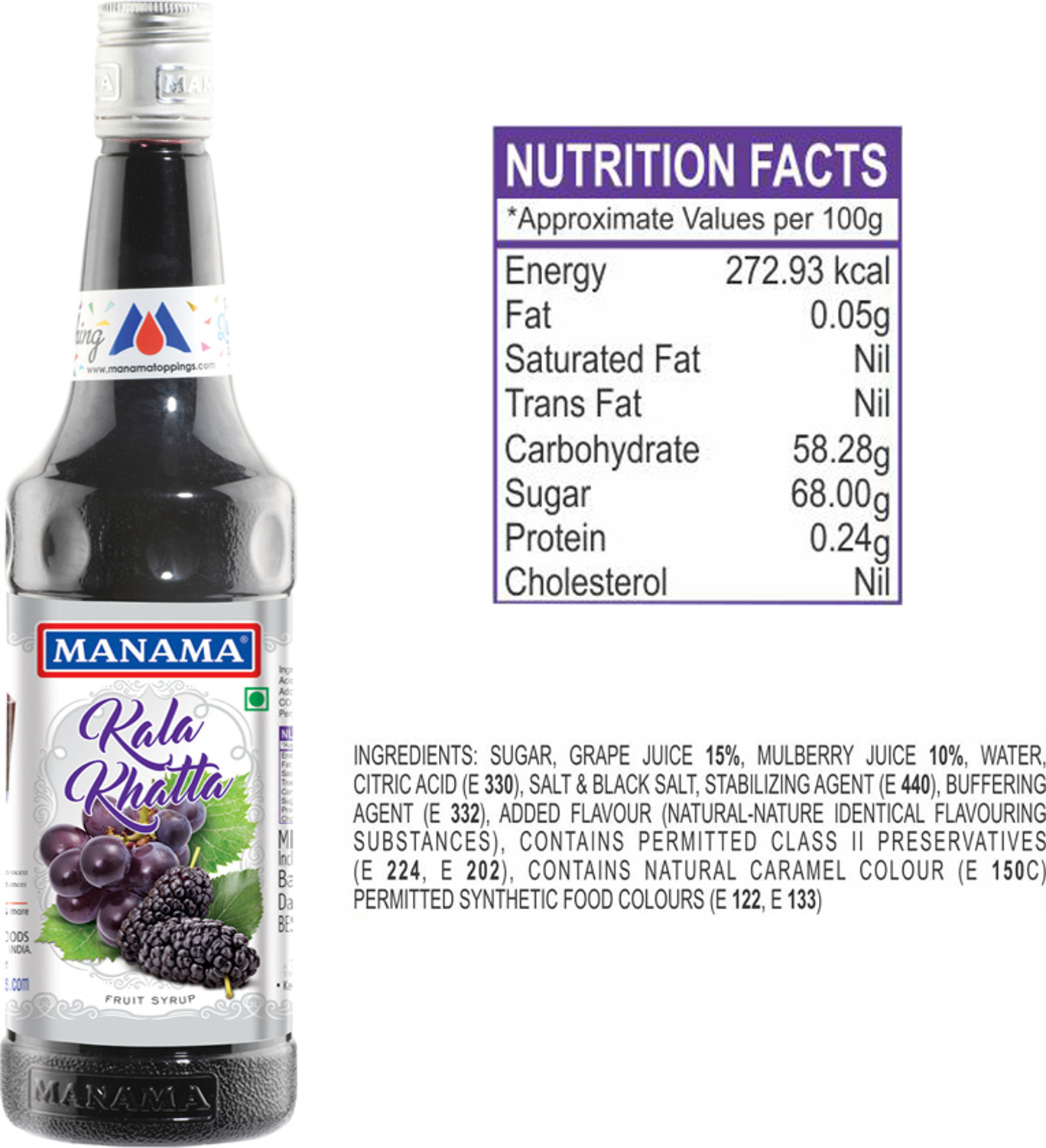 Image of MANAMA Lime Mint Syrup, Blue Curacao Syrup, Strawberry Syrup and Kala Khatta Syrup, Mixer for Mocktails, Cocktails, Drinks, Juices (750 ml, Pack of 4)