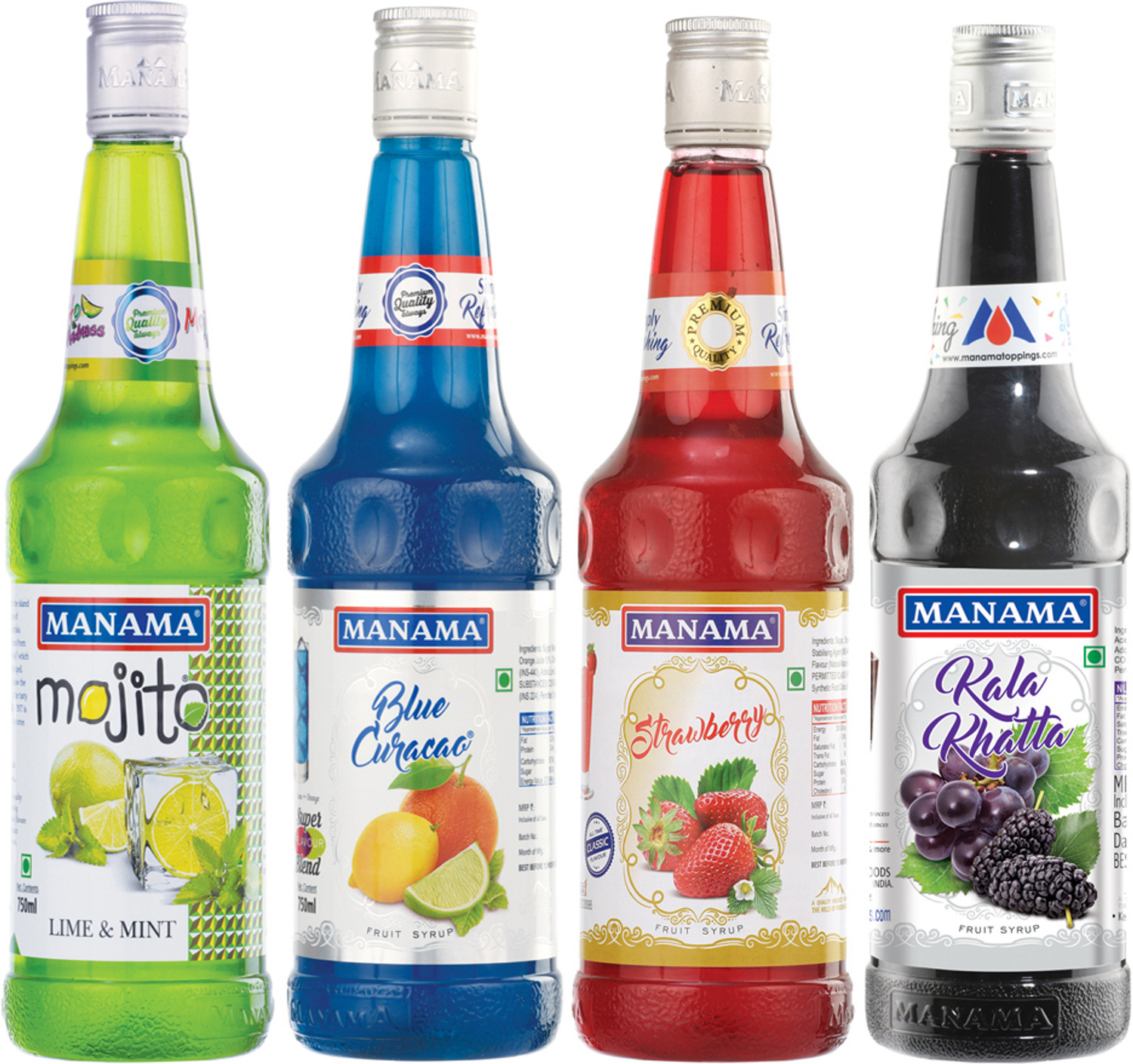 Image of MANAMA Lime Mint Syrup, Blue Curacao Syrup, Strawberry Syrup and Kala Khatta Syrup, Mixer for Mocktails, Cocktails, Drinks, Juices (750 ml, Pack of 4)