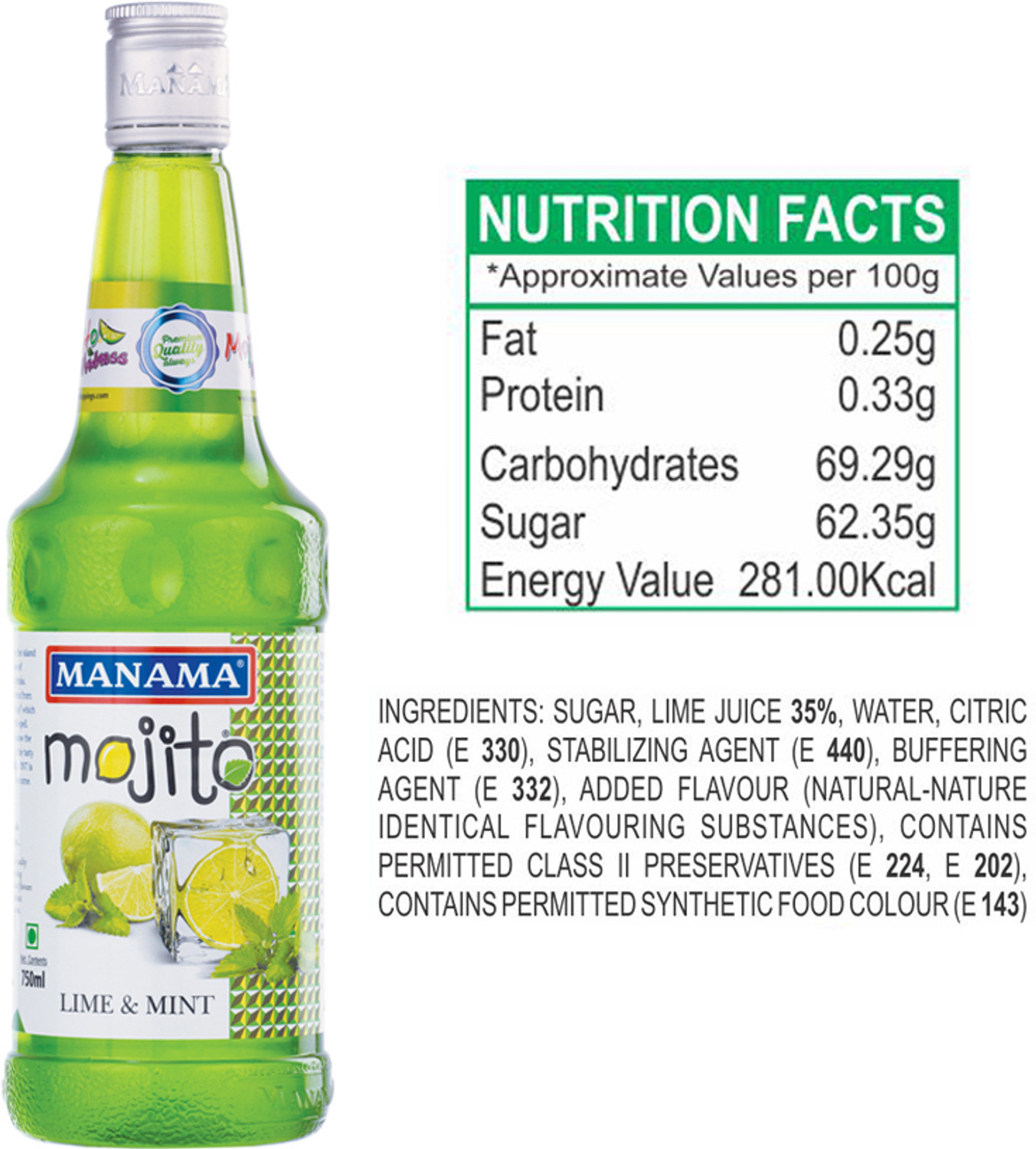 Image of MANAMA Lime Mint Syrup, Blue Curacao Syrup, Strawberry Syrup and Kala Khatta Syrup, Mixer for Mocktails, Cocktails, Drinks, Juices (750 ml, Pack of 4)