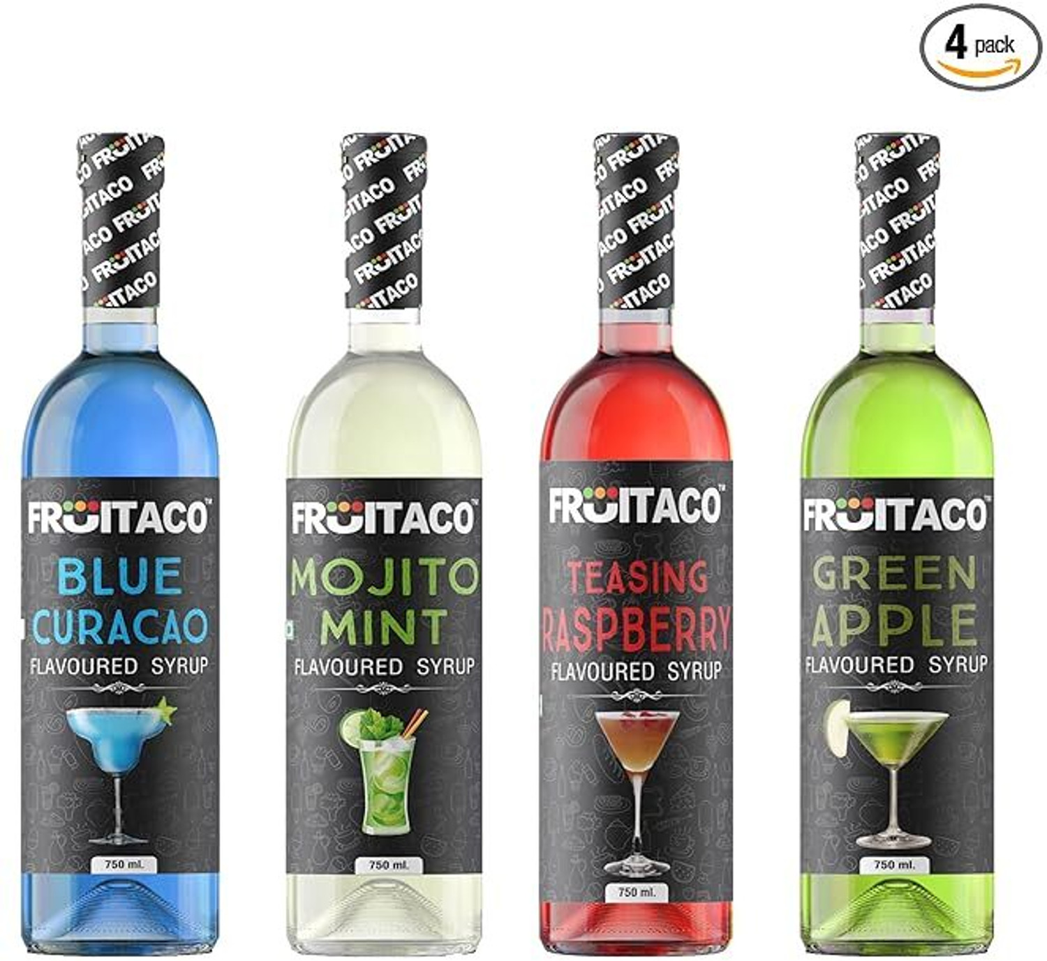 Image of MANAMA Lime Mint Syrup, Blue Curacao Syrup, Strawberry Syrup and Kala Khatta Syrup, Mixer for Mocktails, Cocktails, Drinks, Juices (750 ml, Pack of 4)