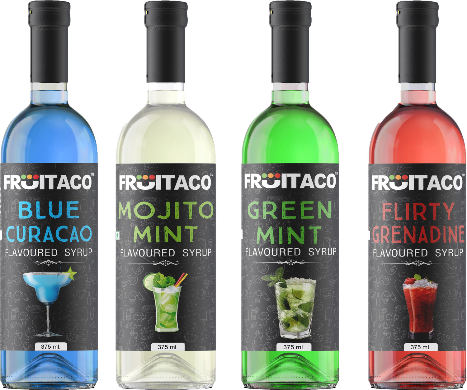 Image of MANAMA Lime Mint Syrup, Blue Curacao Syrup, Strawberry Syrup and Kala Khatta Syrup, Mixer for Mocktails, Cocktails, Drinks, Juices (750 ml, Pack of 4)
