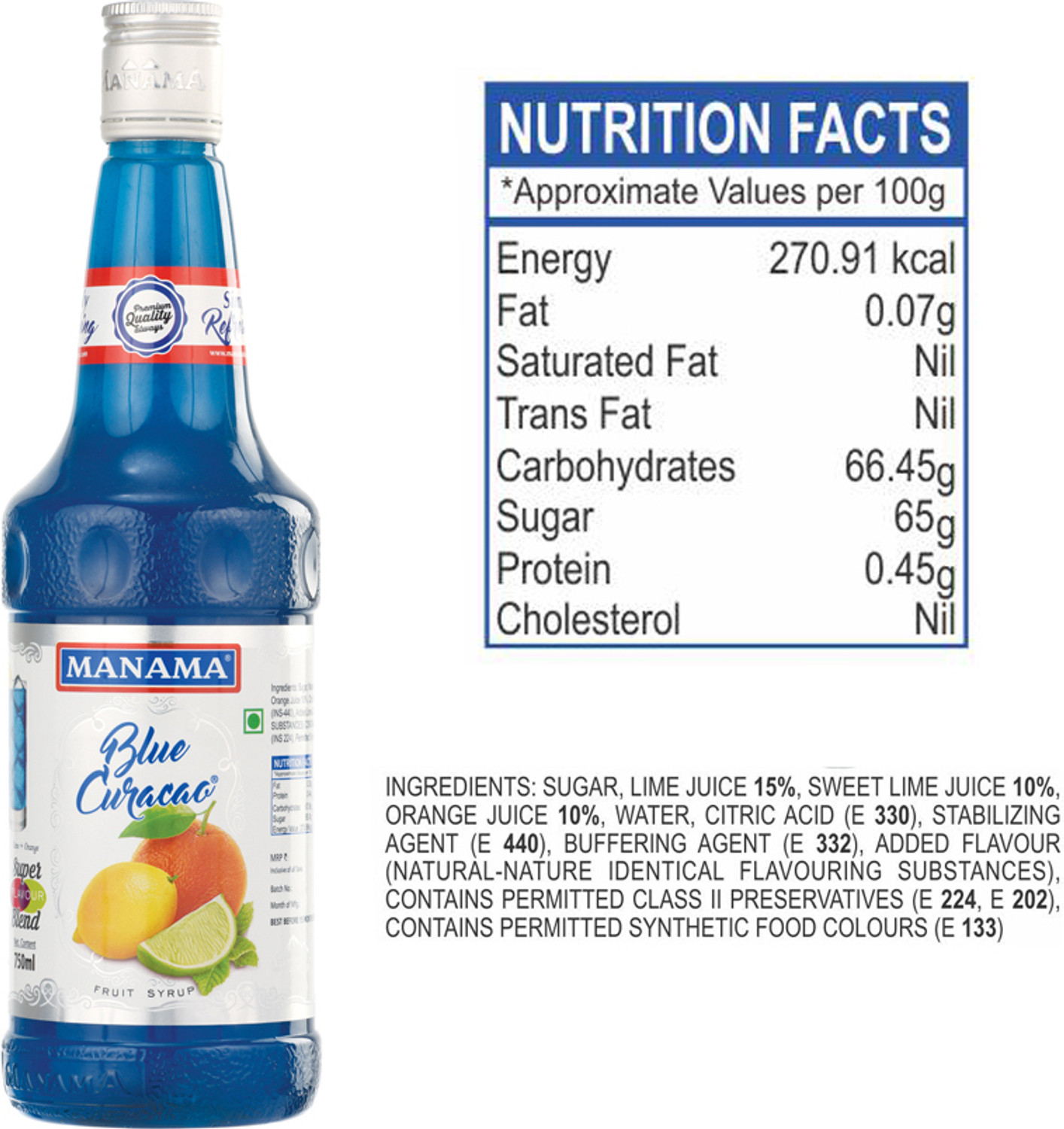 Image of MANAMA Lime Mint Syrup, Blue Curacao Syrup, Strawberry Syrup and Kala Khatta Syrup, Mixer for Mocktails, Cocktails, Drinks, Juices (750 ml, Pack of 4)