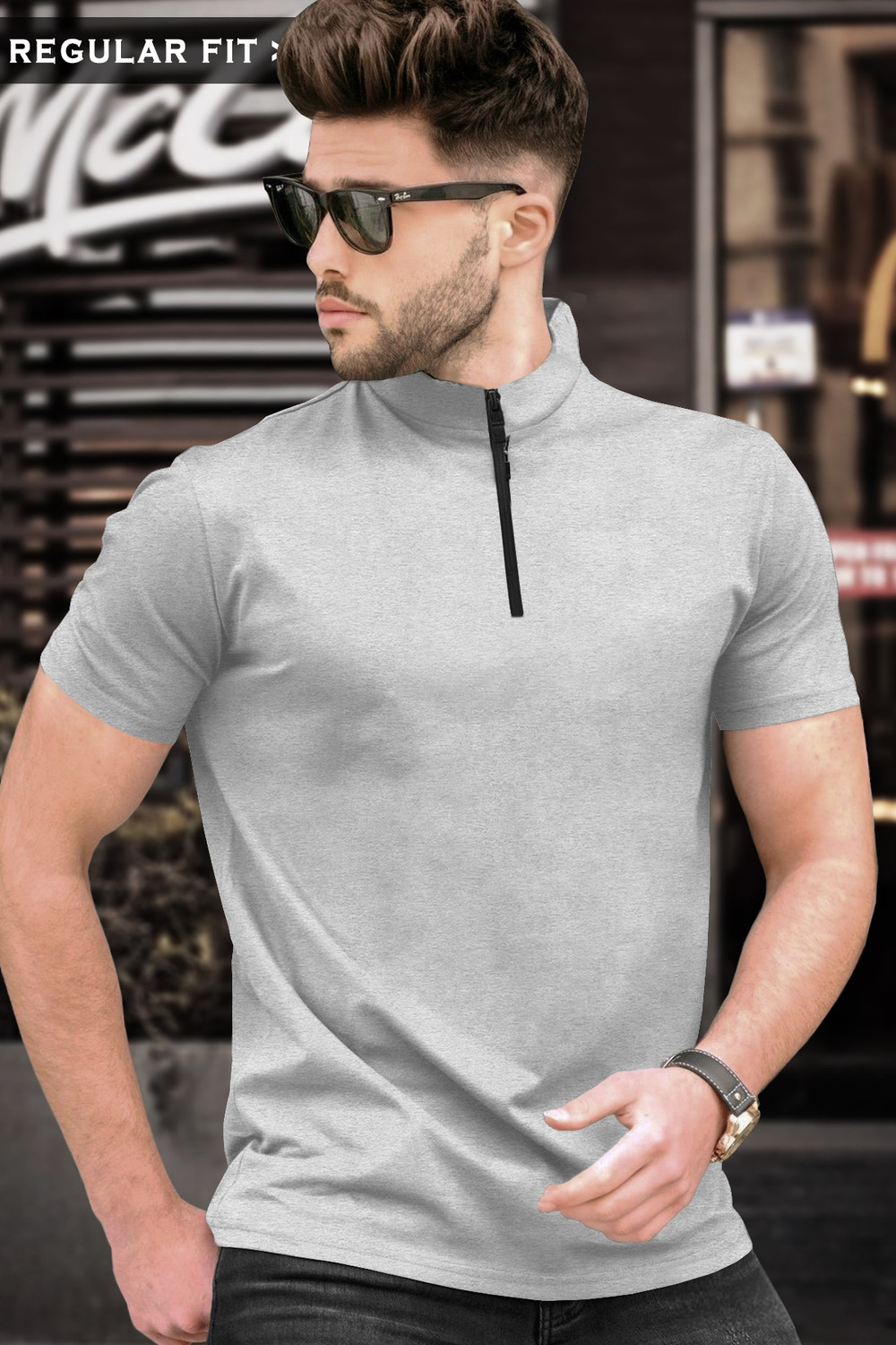 Image of TRIPR Men Solid Mandarin Collar Cotton Blend Grey T-Shirt