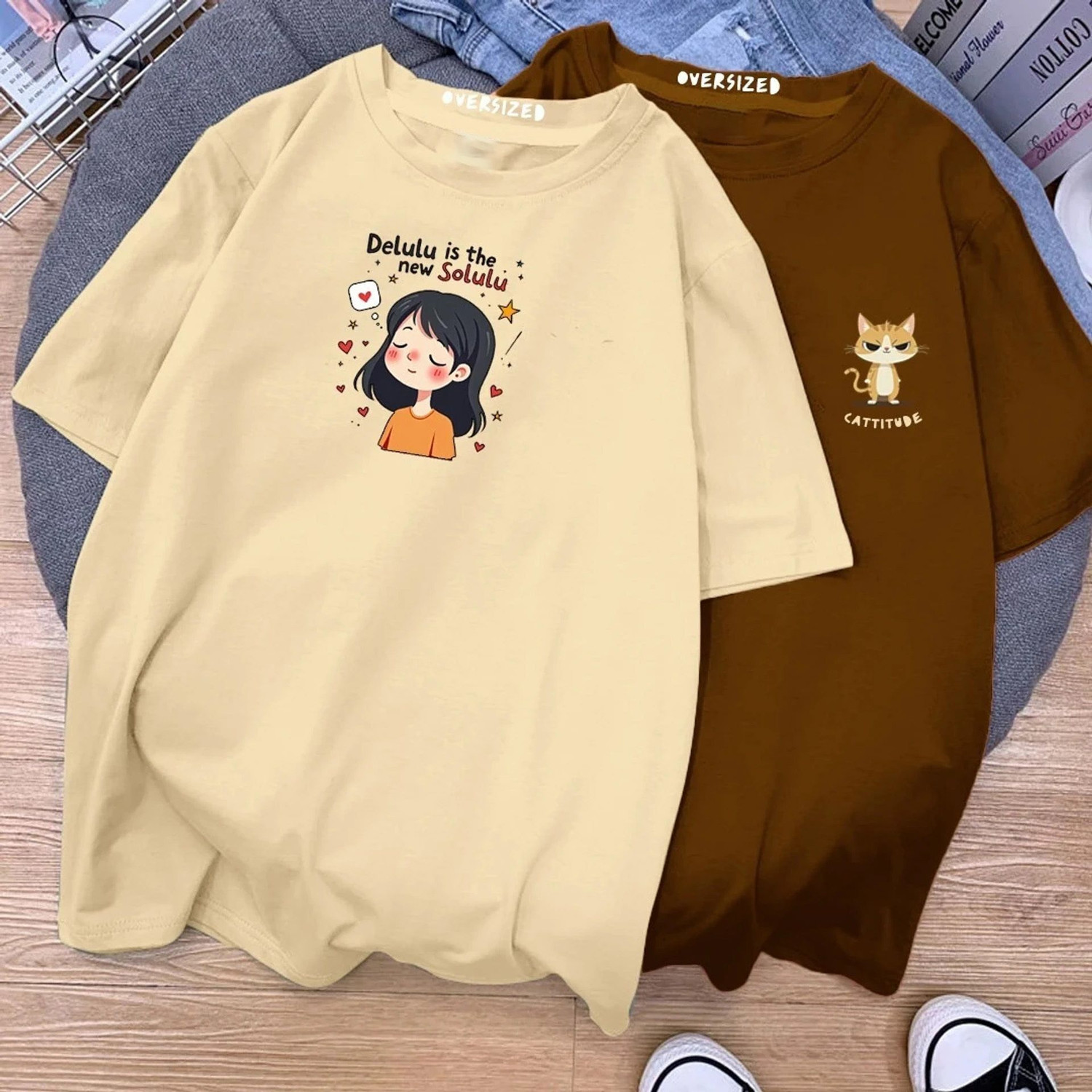 Image of KGN Women Printed Round Neck Cotton Blend Beige T-Shirt