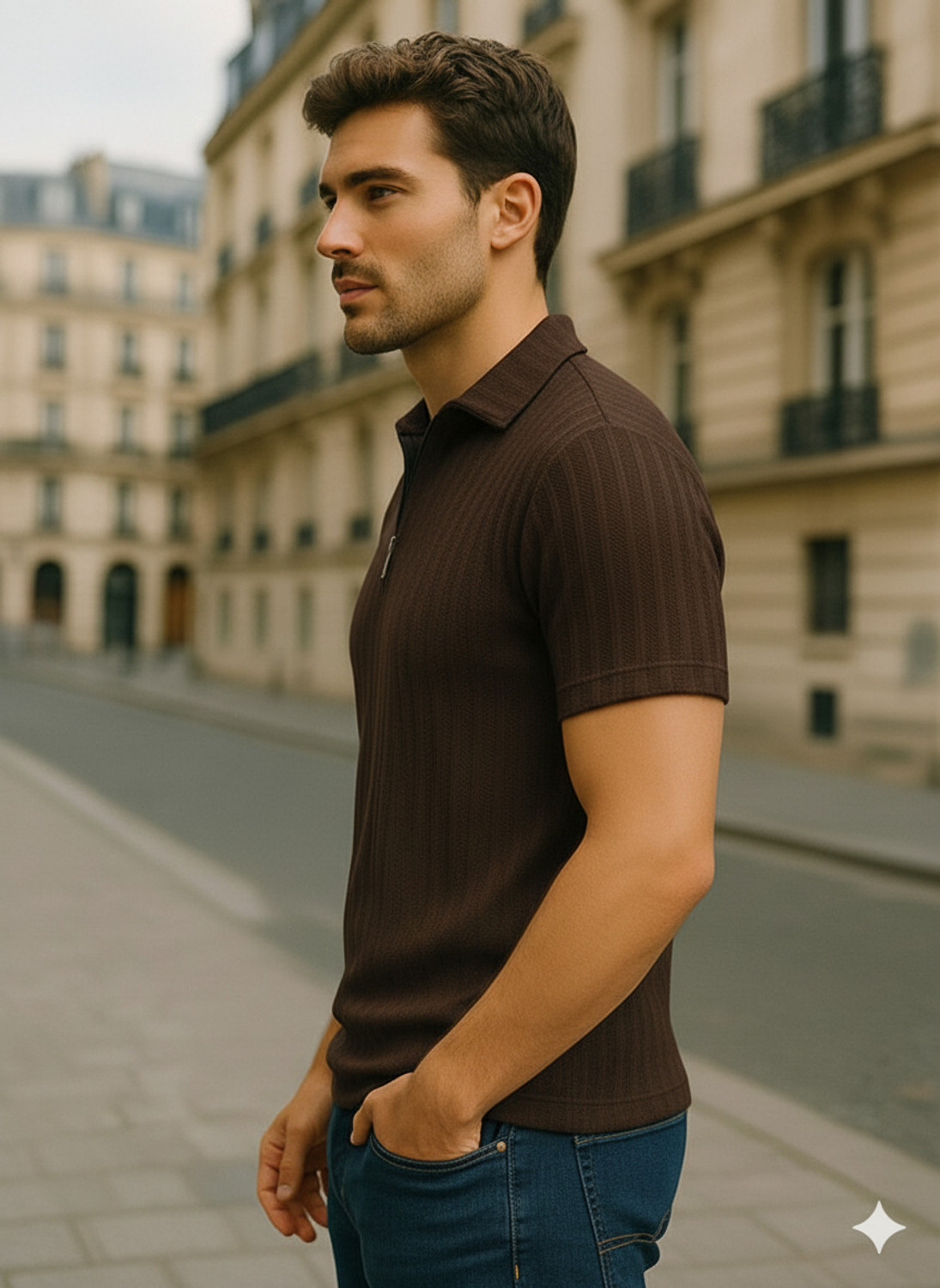 Image of METRONAUT Solid Men Zip Neck Polycotton Brown, Black T-Shirt