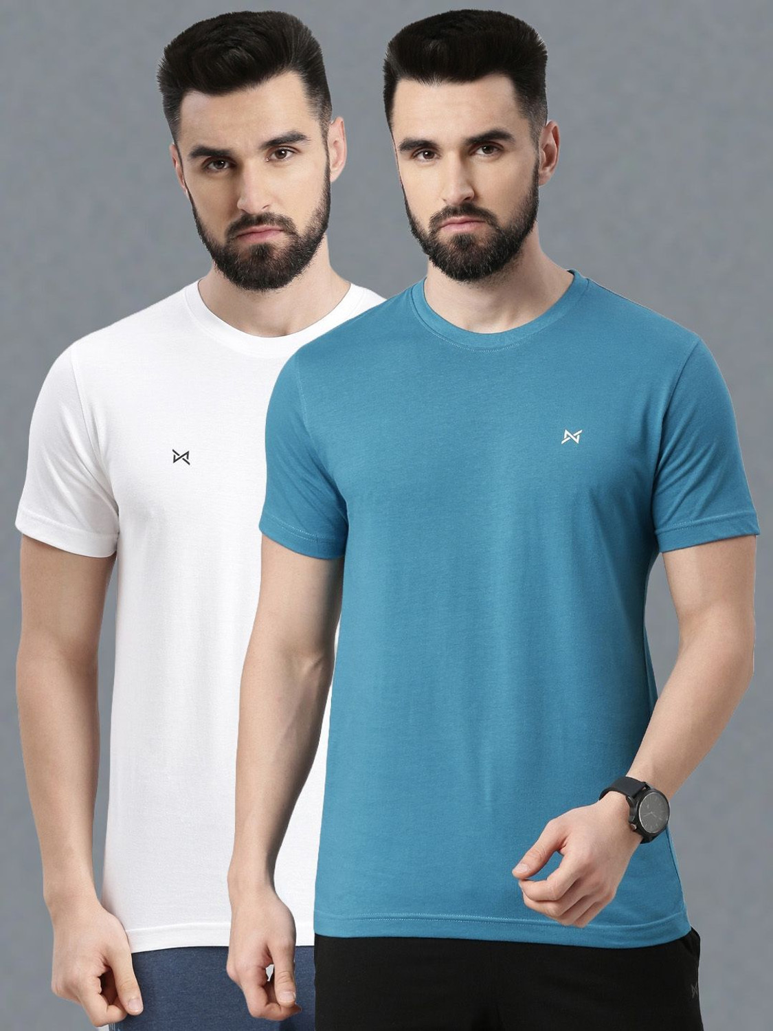 Image of Force NXT Pack of 2 Men Solid Round Neck Pure Cotton Blue, White T-Shirt