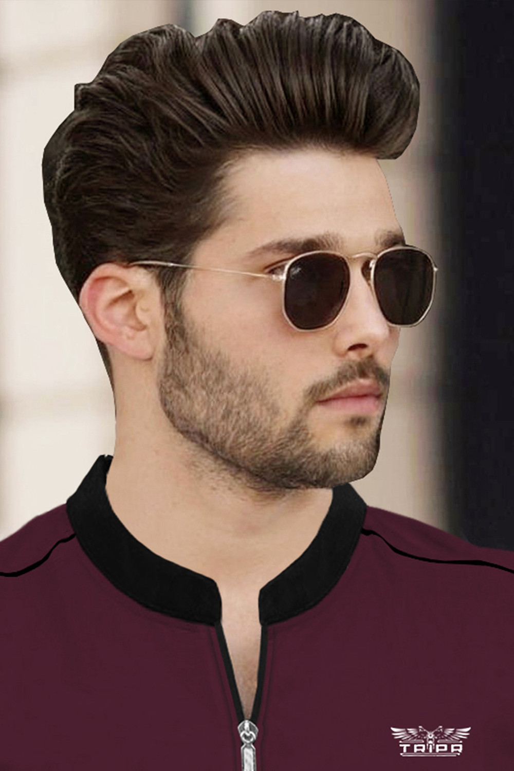 Image of TRIPR Men Solid Mandarin Collar Cotton Blend Maroon, Black T-Shirt