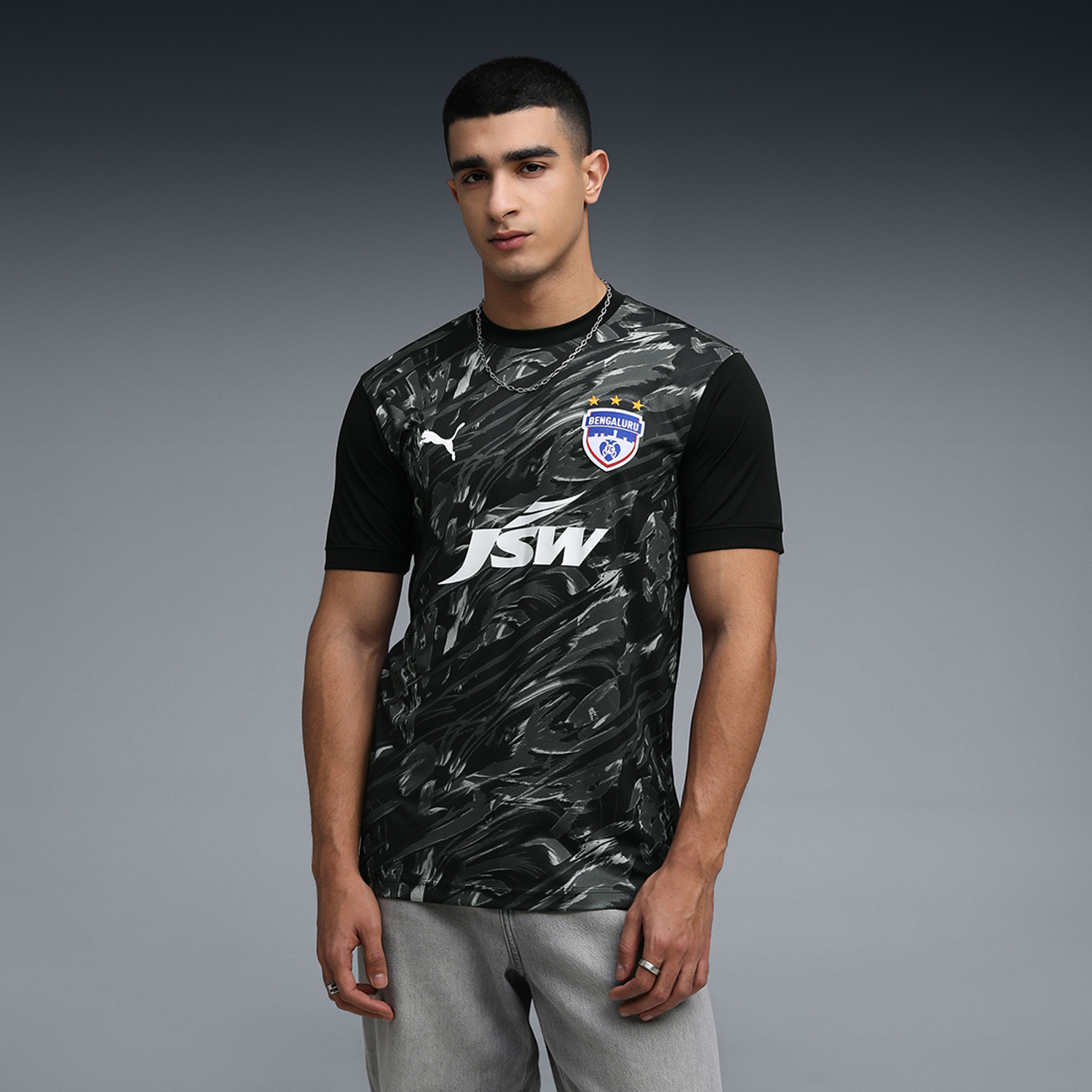 Image of PUMA RCB Replica Jerseys 2024 Men Printed V Neck Polyester Blue T-Shirt