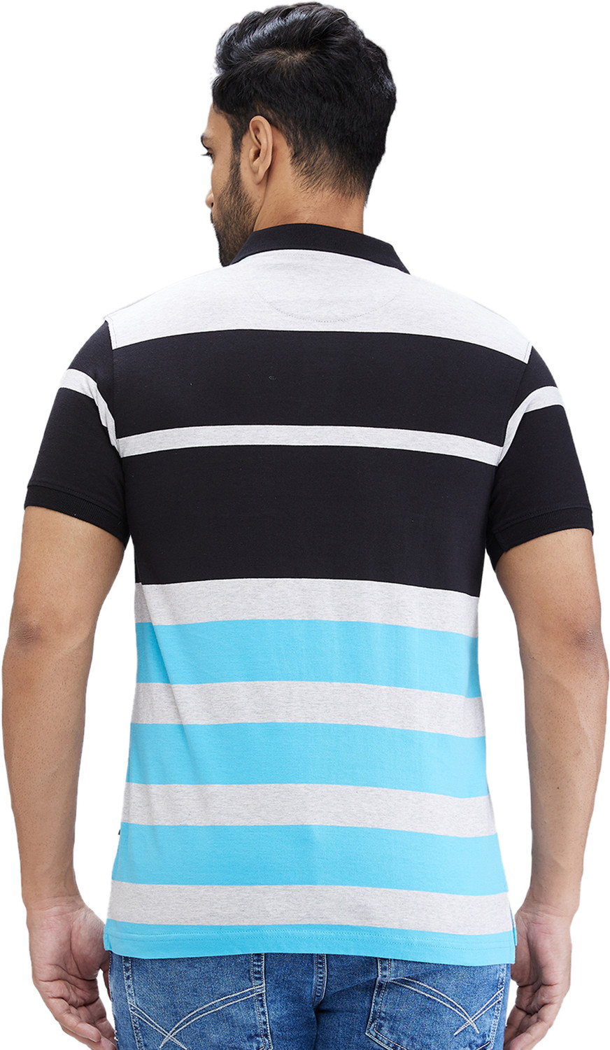 Image of PARX Men Striped Polo Neck Pure Cotton Blue T-Shirt