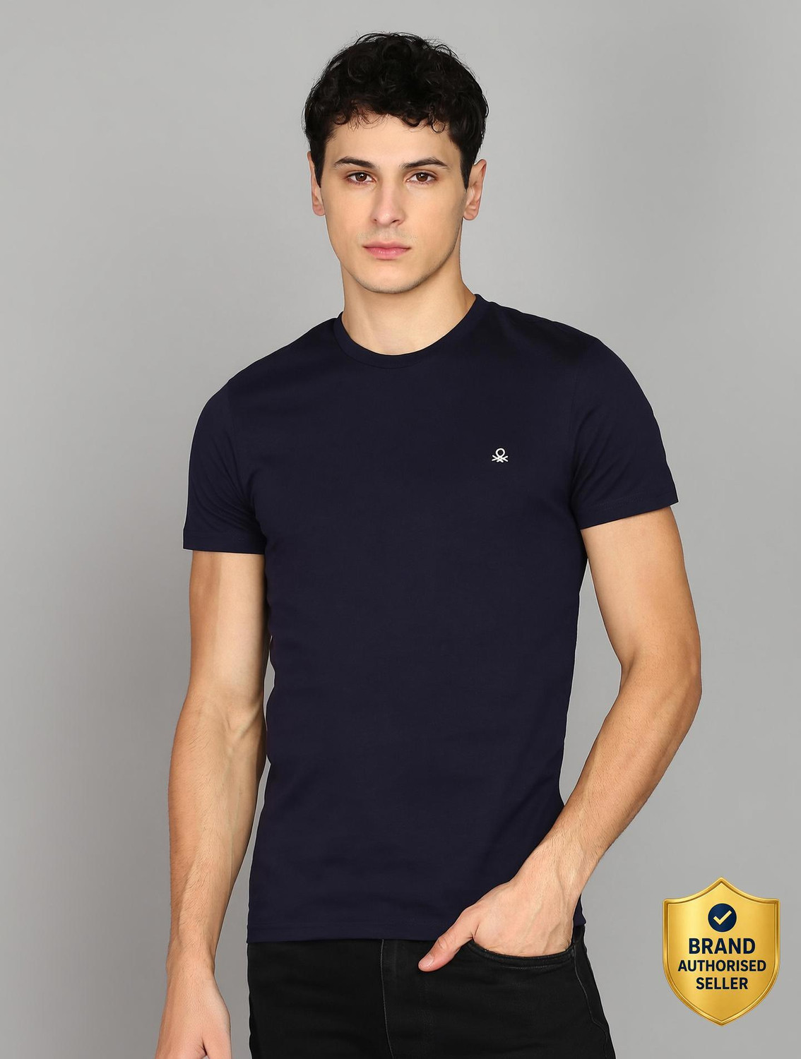 Image of United Colors of Benetton Men Solid High Neck Pure Cotton Navy Blue T-Shirt