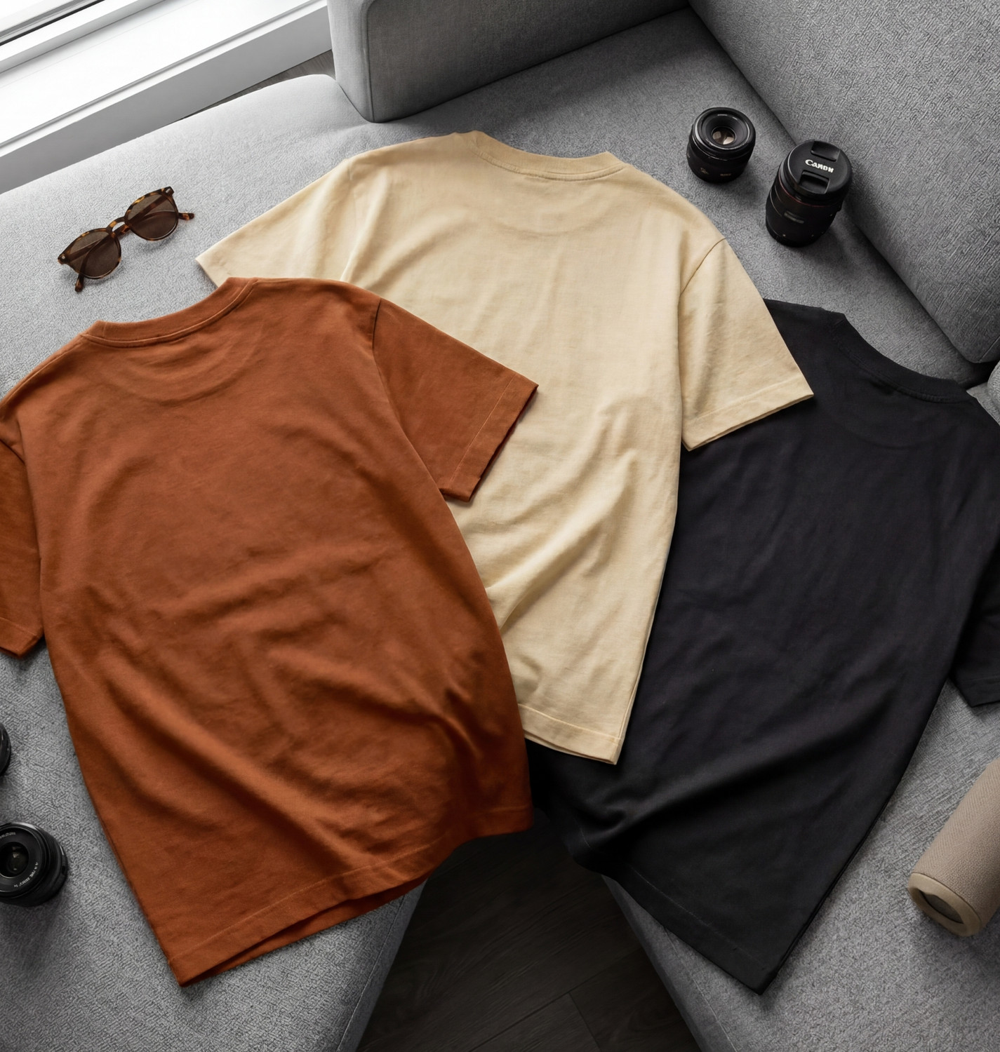 Image of FLYIND VOGUE OUTFIT Pack of 3 Men Typography Round Neck Polycotton Beige, Black, Brown T-Shirt