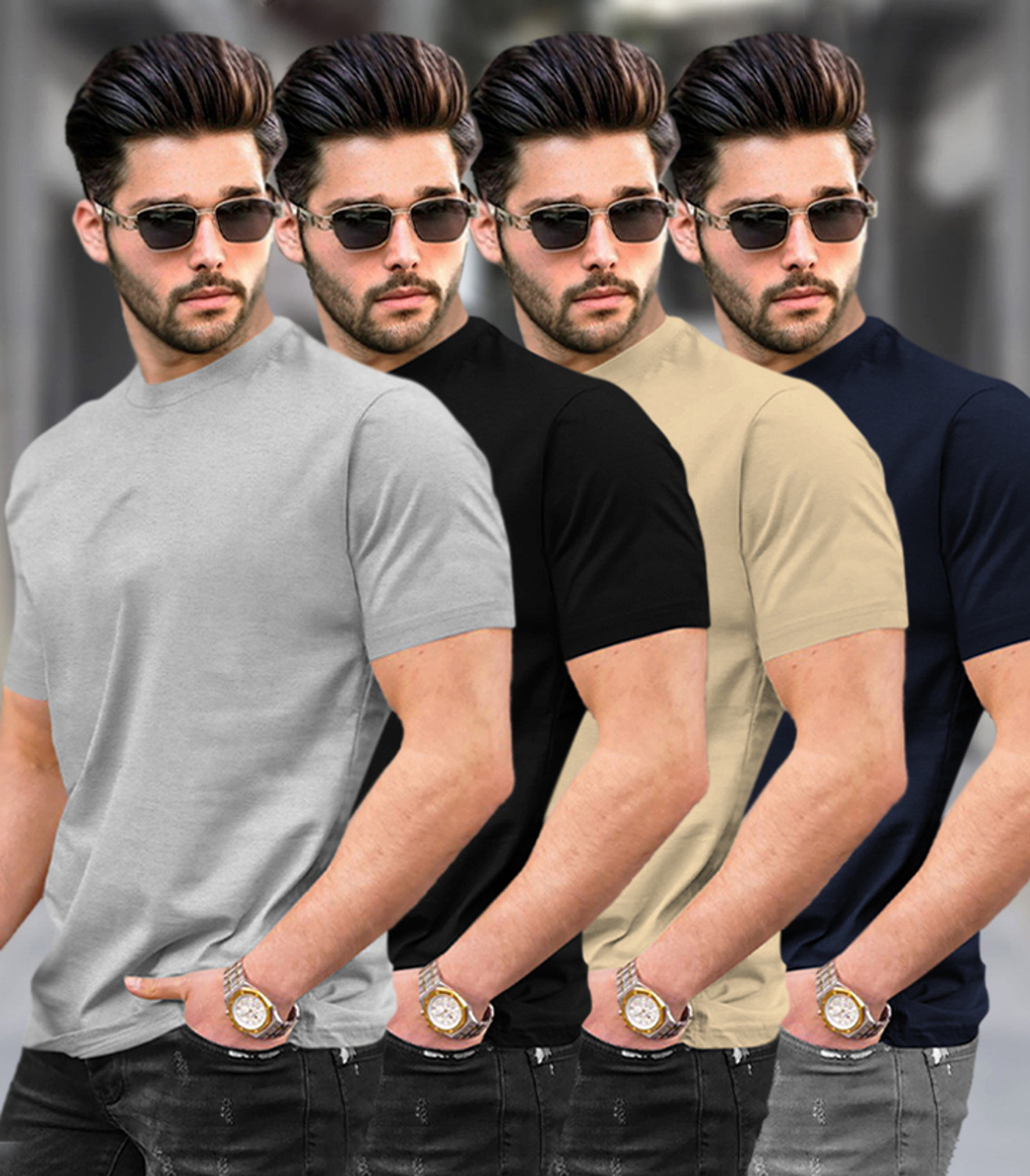 Image of TRIPR Men Solid Mandarin Collar Cotton Blend Grey T-Shirt