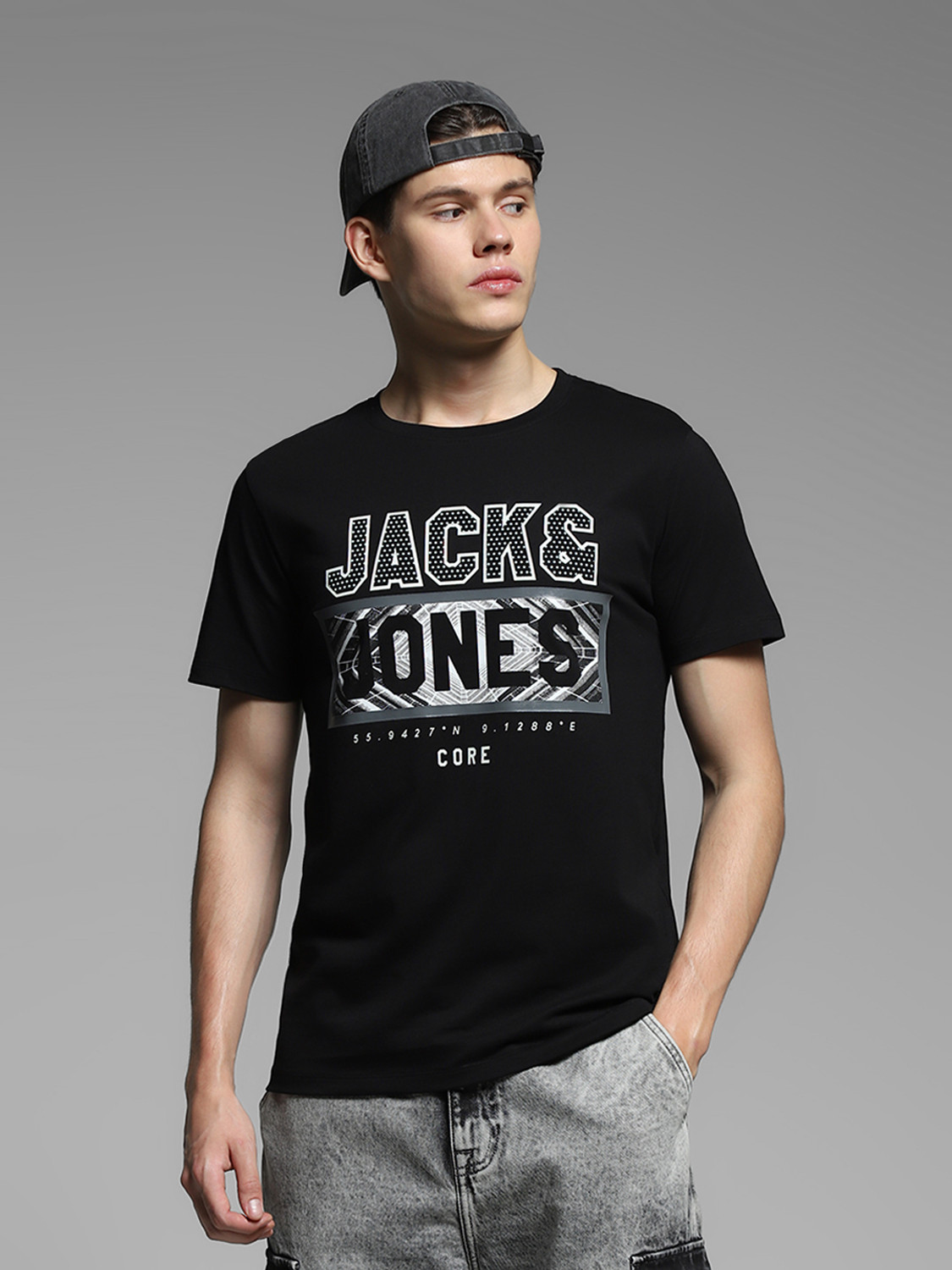 JACK & JONES Men Typography Round Neck Cotton Blend Black T-Shirt - Image 1
