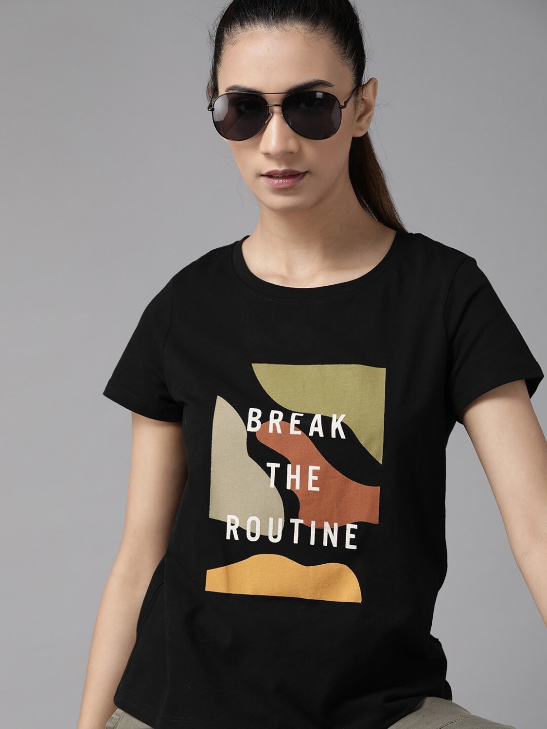 Image of Roadster Women Printed Round Neck Pure Cotton Black T-Shirt