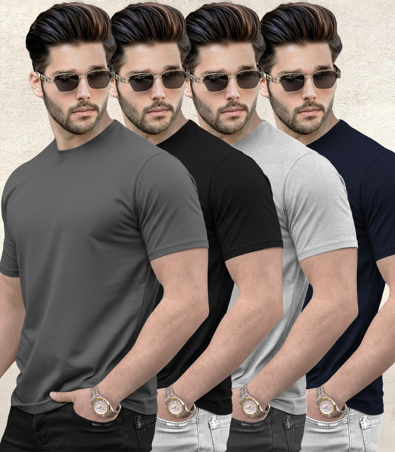 Image of TRIPR Men Solid Mandarin Collar Cotton Blend Grey T-Shirt