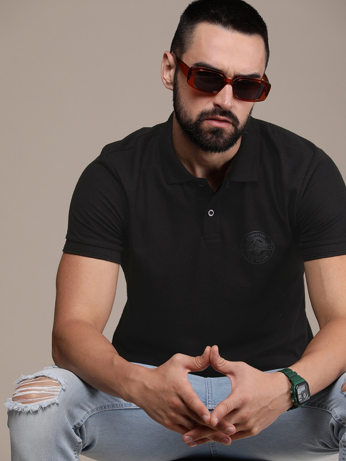 Image of Roadster Men Solid Polo Neck Pure Cotton Green T-Shirt