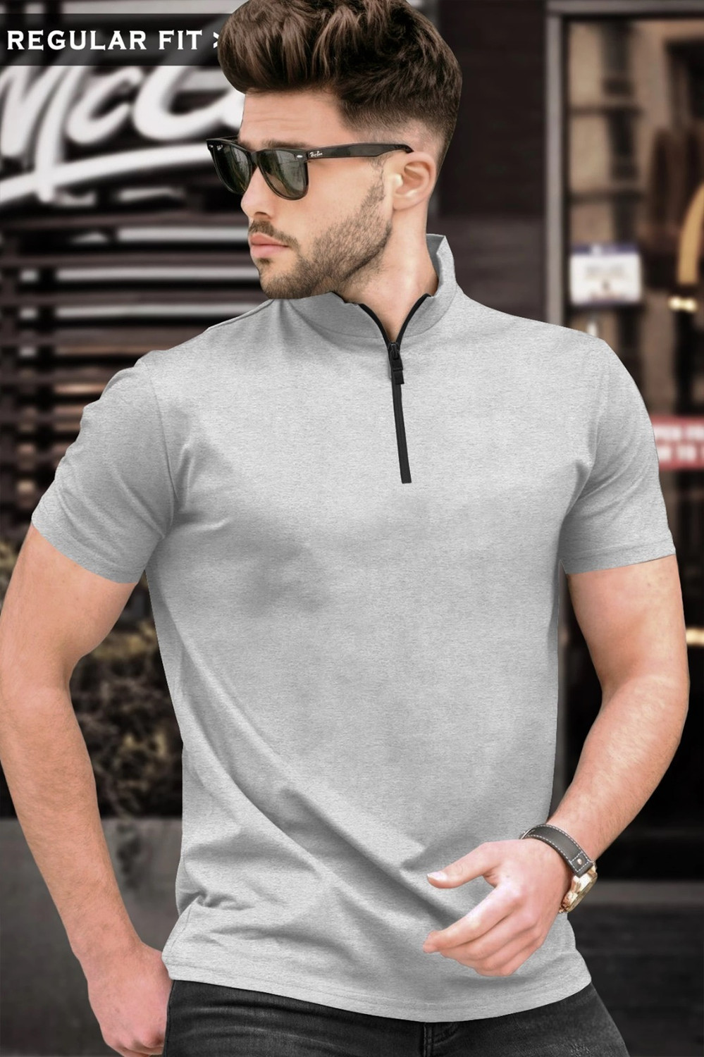 Image of TRIPR Men Solid Mandarin Collar Cotton Blend Grey T-Shirt