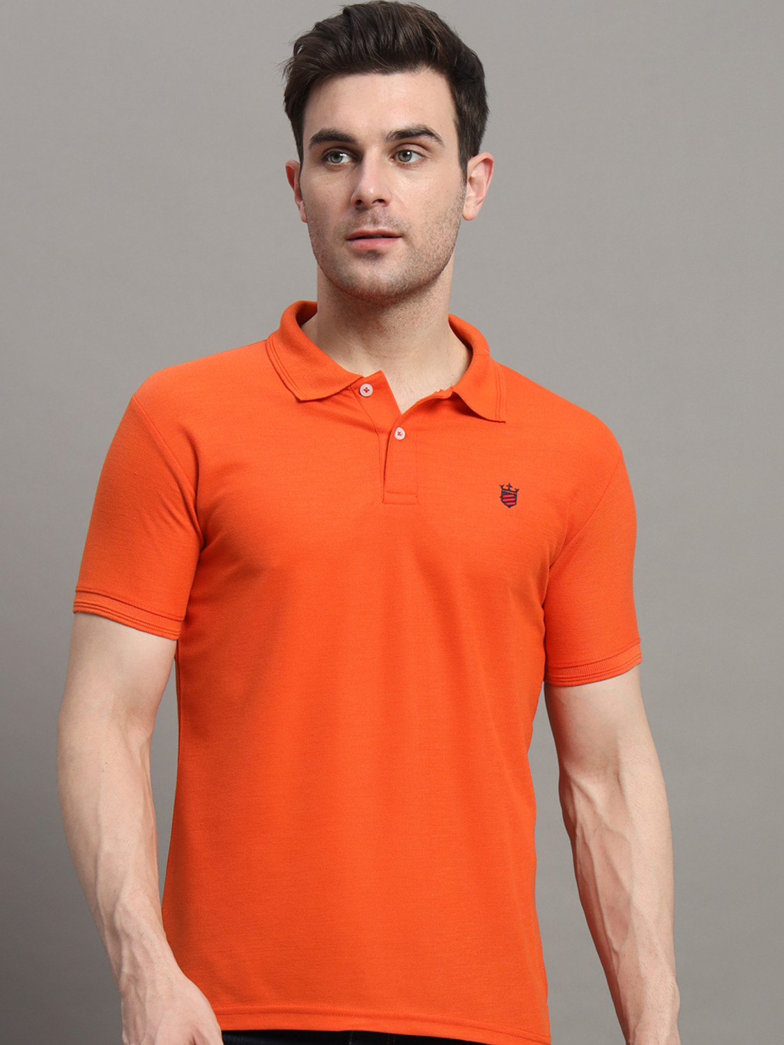 Image of RARHANPREMIUM Men Solid Polo Neck Cotton Blend Blue T-Shirt