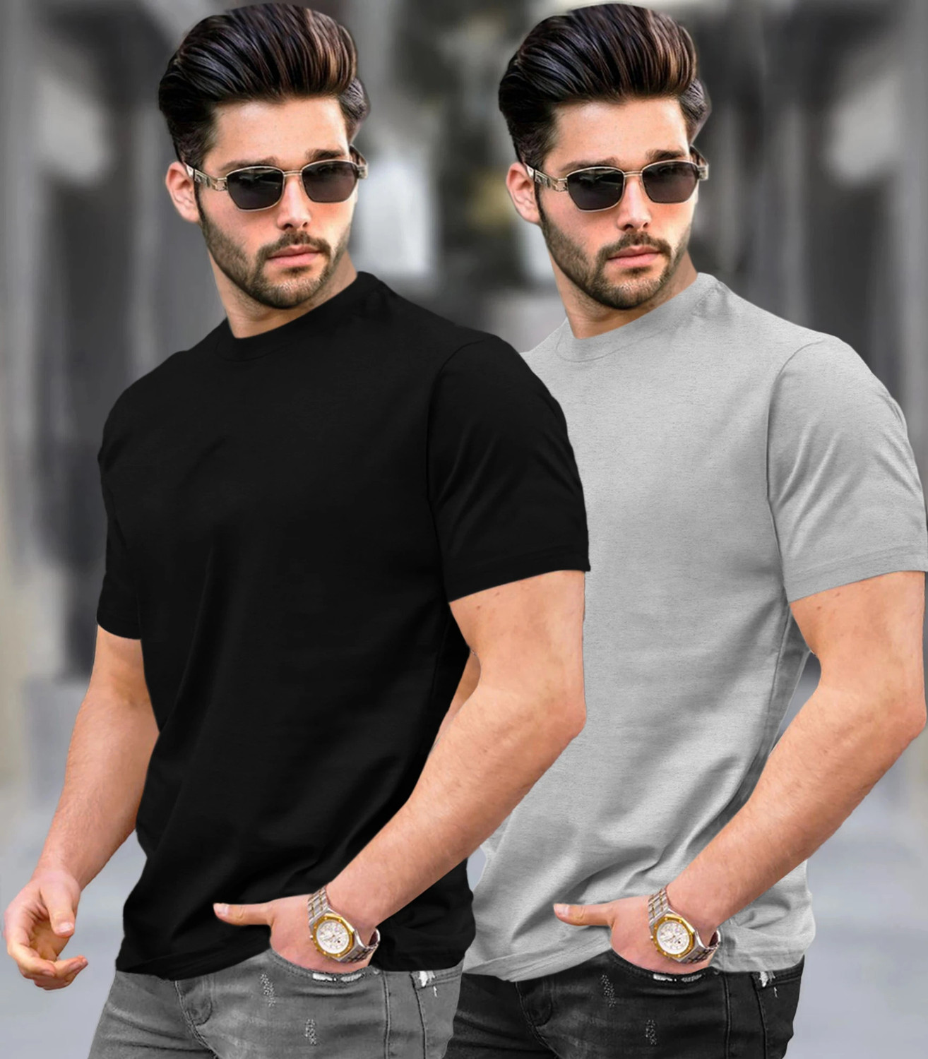 Image of TRIPR Men Solid Mandarin Collar Cotton Blend Grey T-Shirt