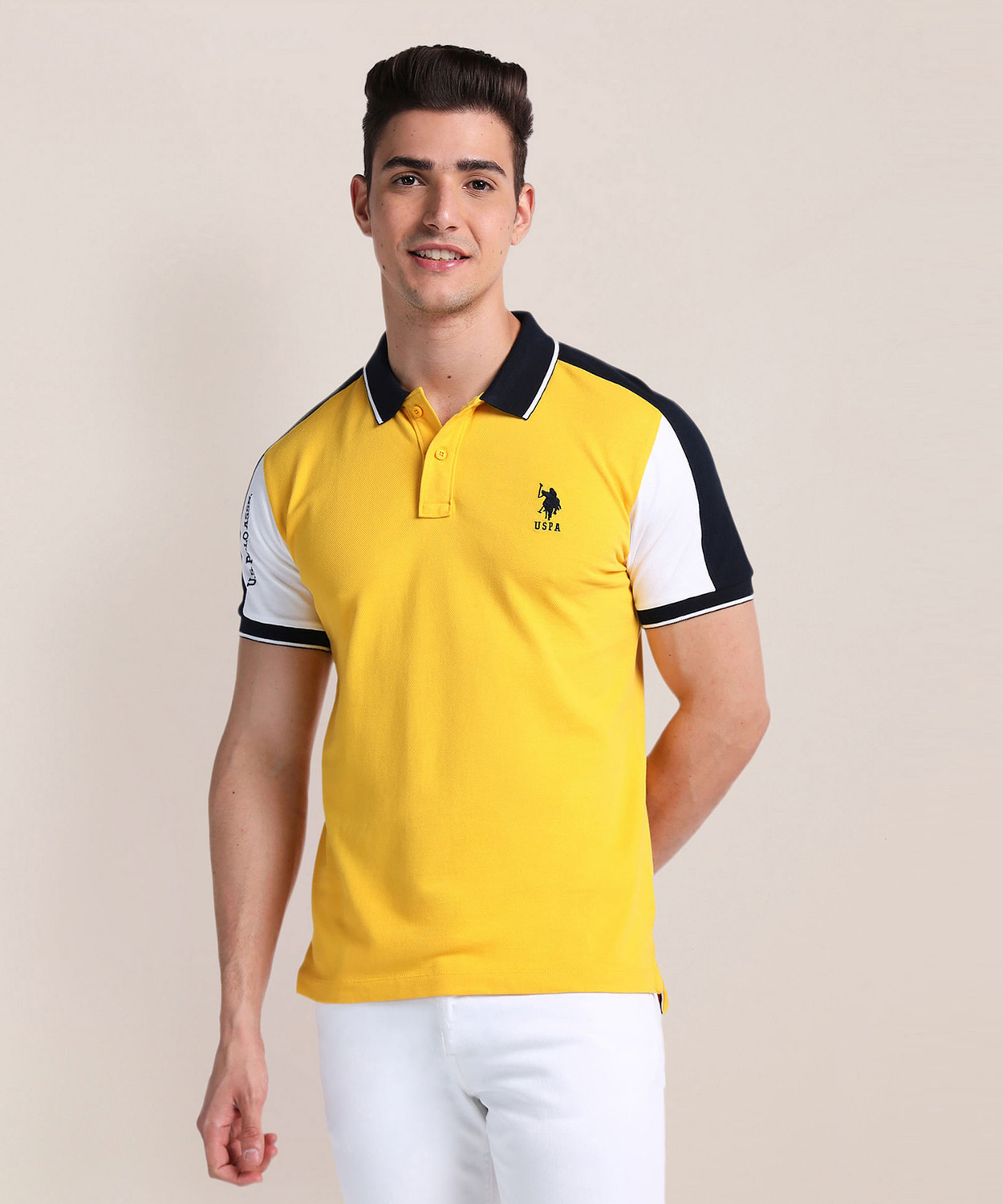 Image of U.S. POLO ASSN. Men Solid Polo Neck Pure Cotton White T-Shirt