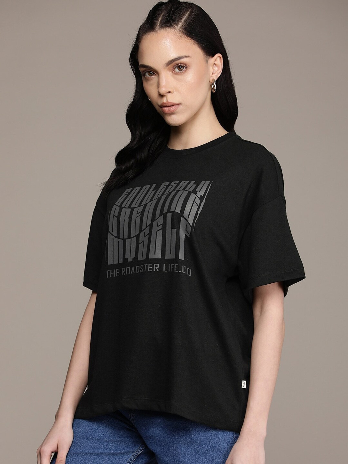 Image of Roadster Women Printed Round Neck Cotton Blend Black T-Shirt