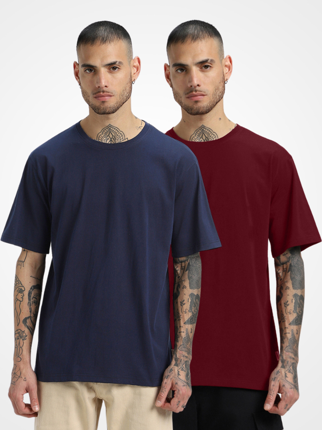 Image of Veirdo Pack of 3 Oversized Men Solid Round Neck Pure Cotton Multicolor T-Shirt
