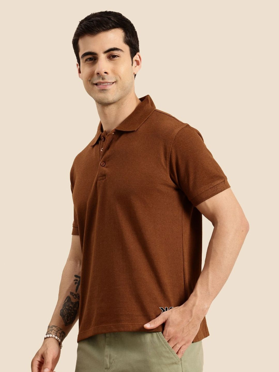 Image of Kook N Keech Men Solid Round Neck Pure Cotton Brown T-Shirt