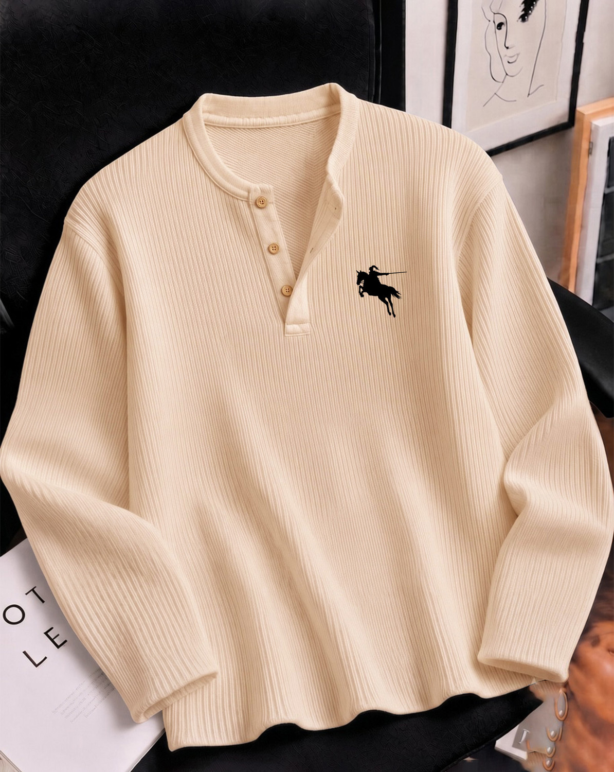 AUSK Men Beige Henley Neck T-Shirt - Image 1