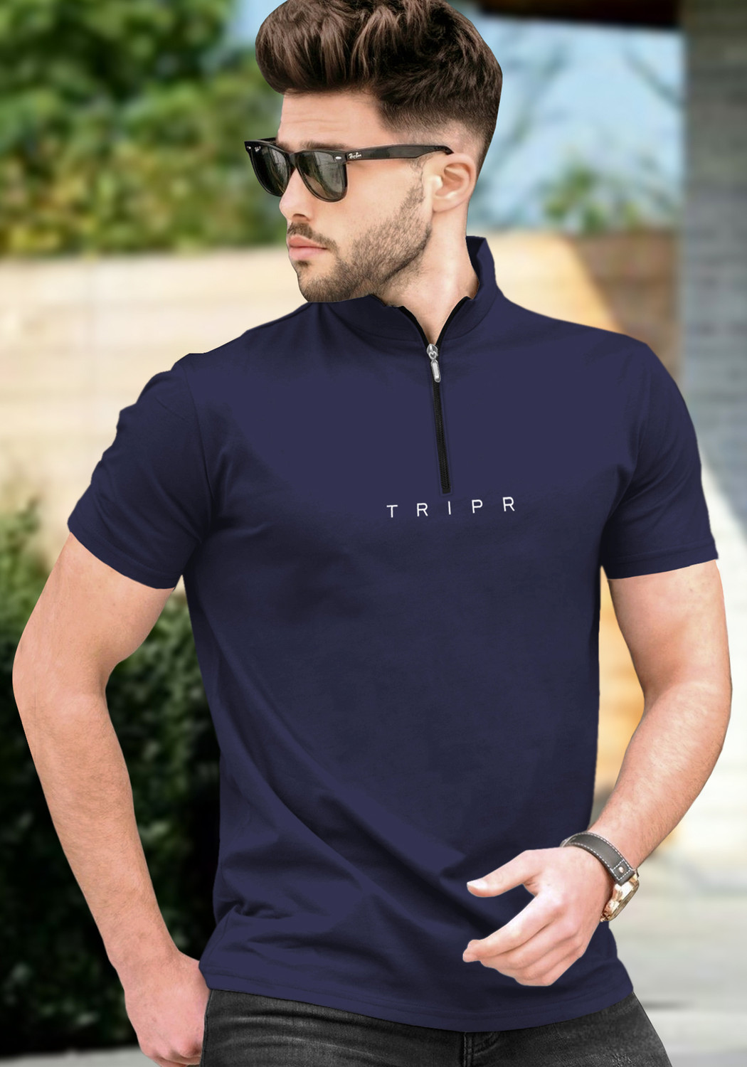 Image of TRIPR Men Solid Mandarin Collar Cotton Blend Green T-Shirt