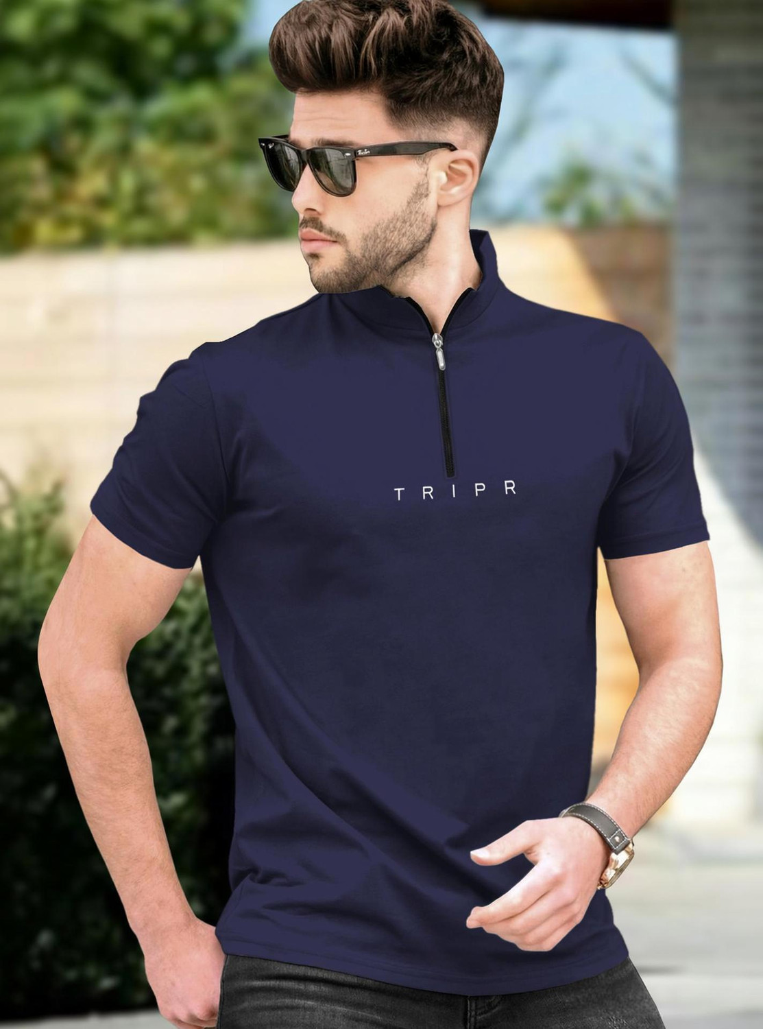 Image of TRIPR Men Solid Mandarin Collar Cotton Blend Green T-Shirt