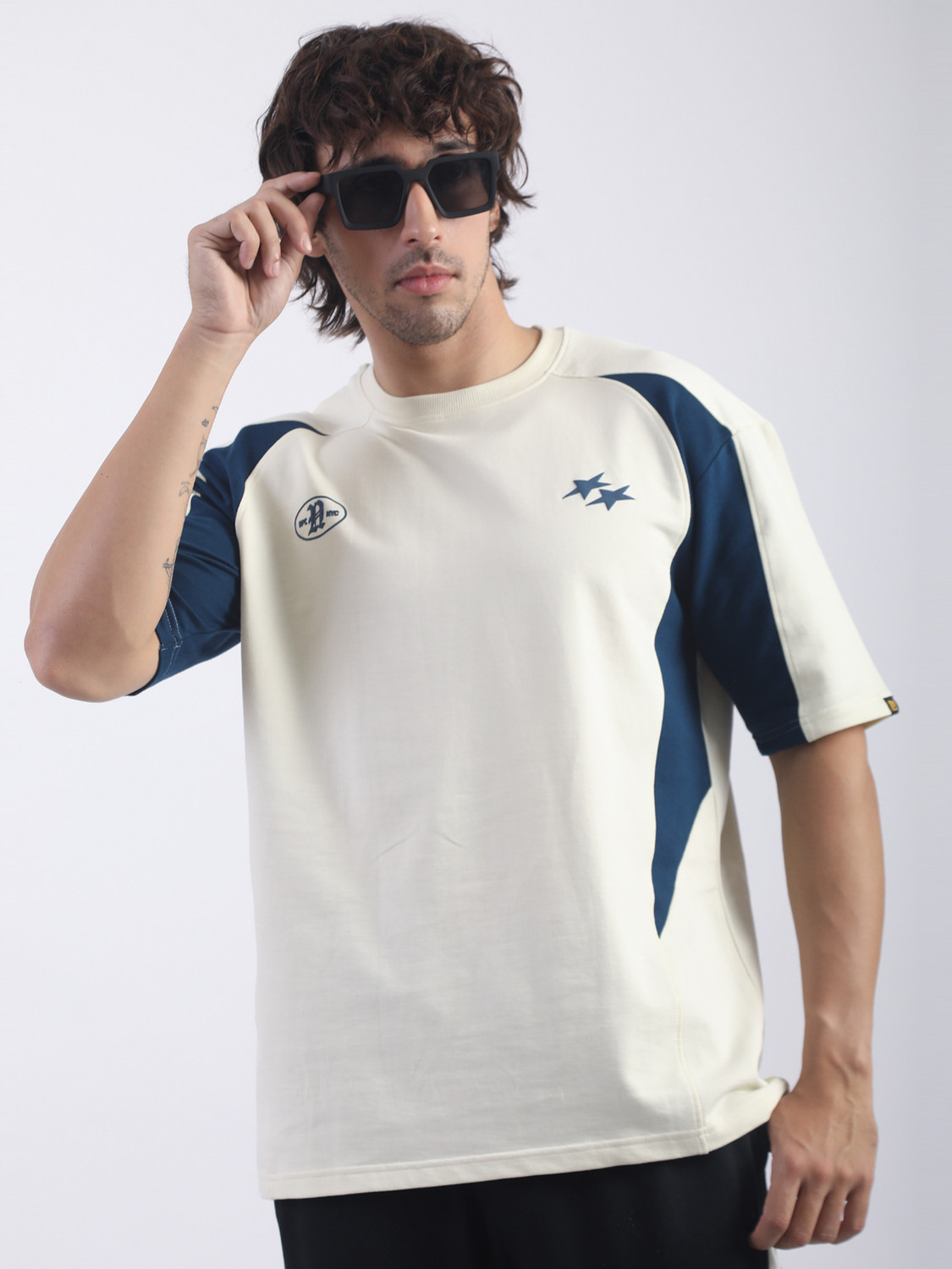 MANIAC Men Colorblock Round Neck Cotton White T-Shirt - Image 1