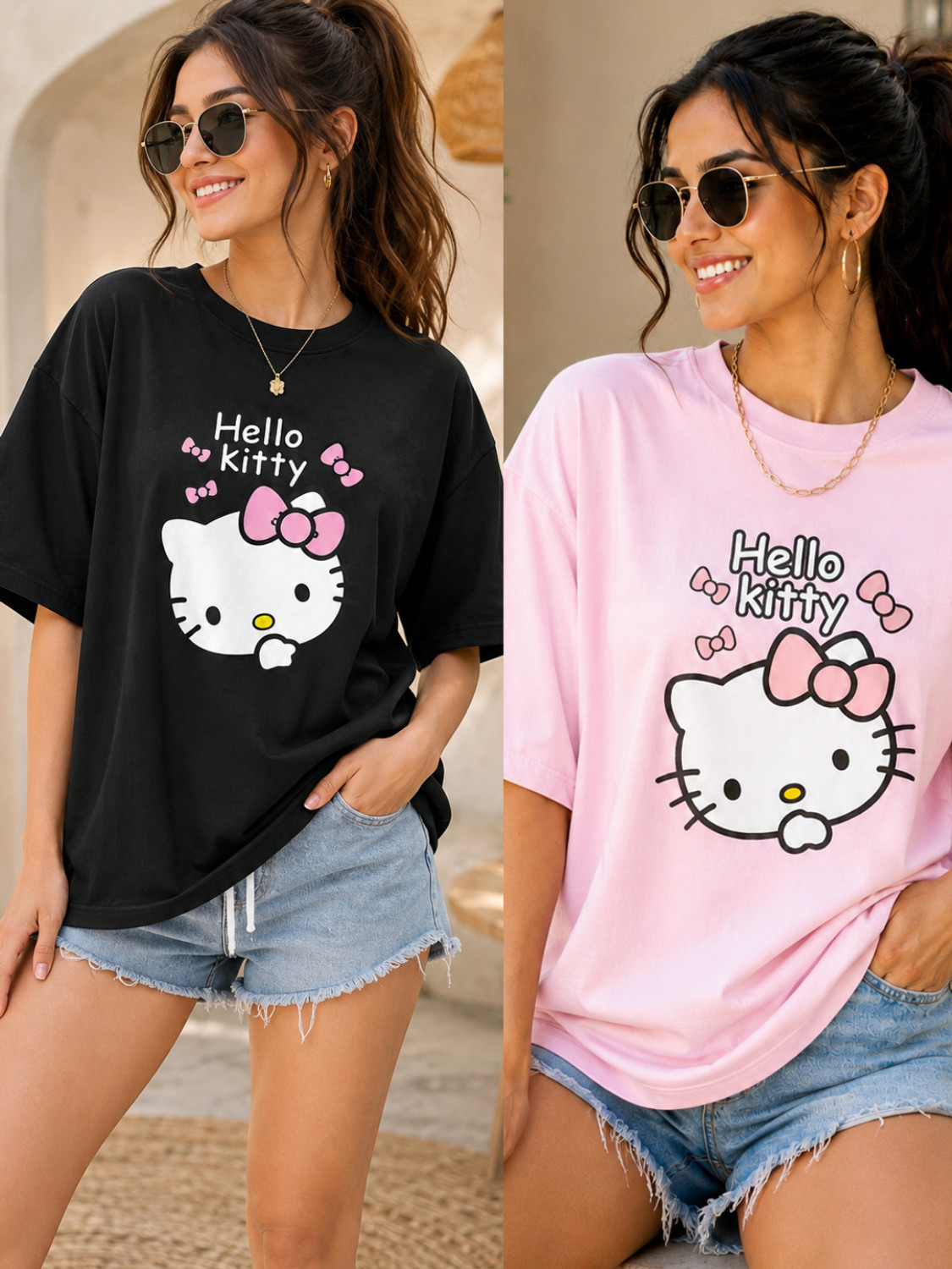 Image of ENGLISHPREMIUM Women Printed V Neck Polyester Pink, Black T-Shirt