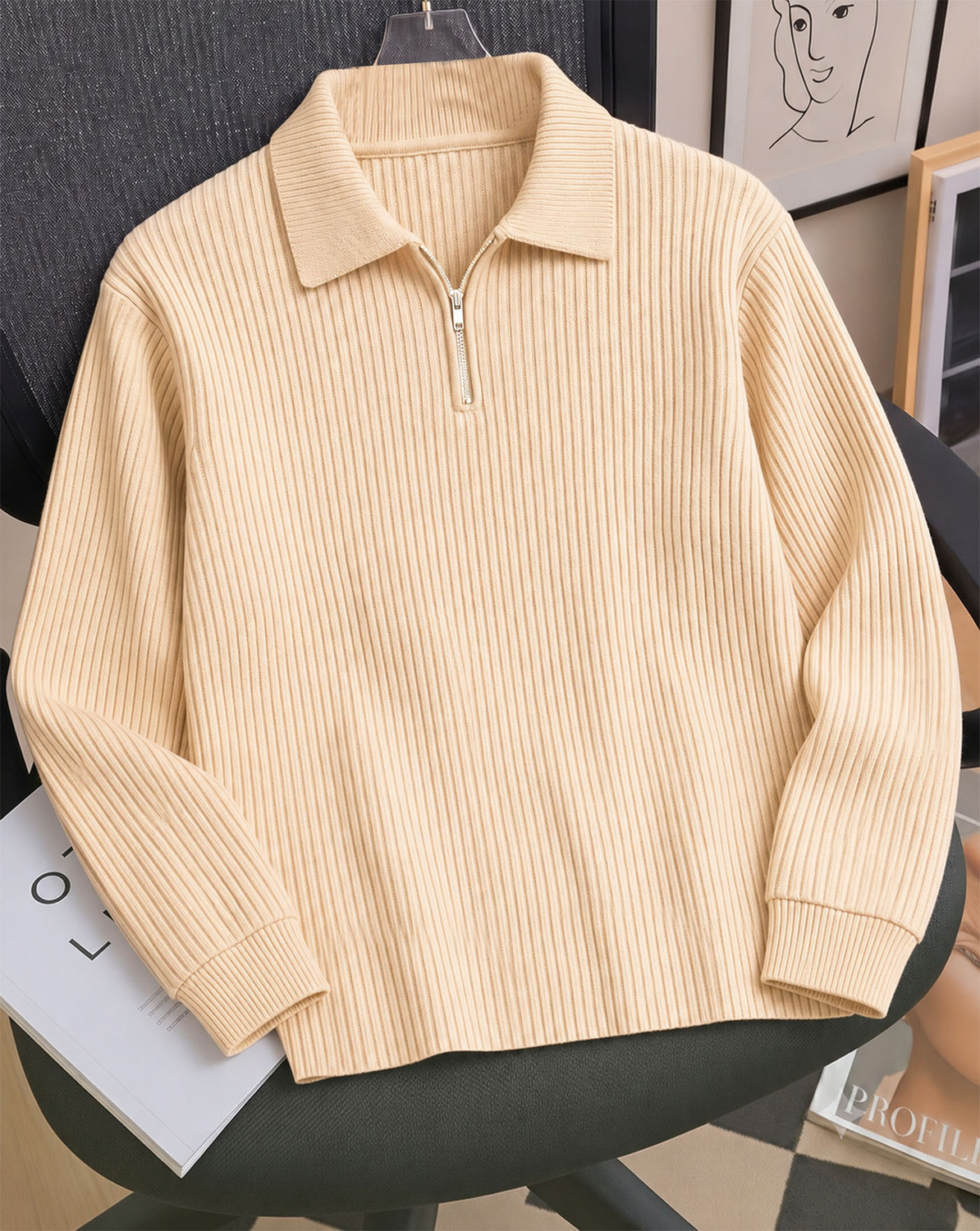 AOOSH Men Beige Cotton Blend Zip Neck T-Shirt - Image 1