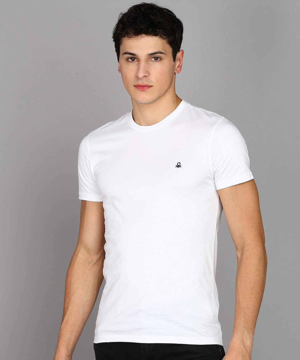 Image of United Colors of Benetton Men Solid High Neck Pure Cotton Navy Blue T-Shirt
