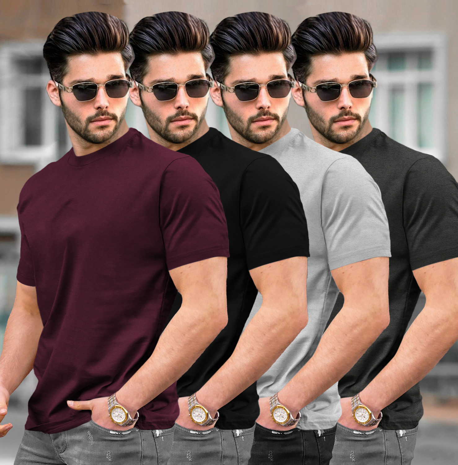 Image of TRIPR Men Solid Mandarin Collar Cotton Blend Dark Green T-Shirt
