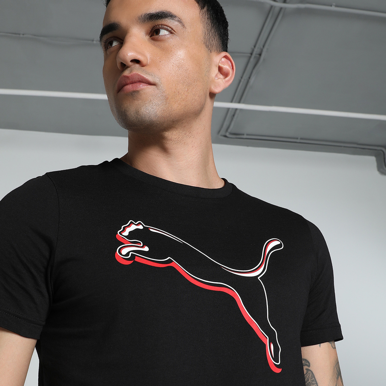 Image of PUMA Men Solid Crew Neck Cotton Blend Black T-Shirt