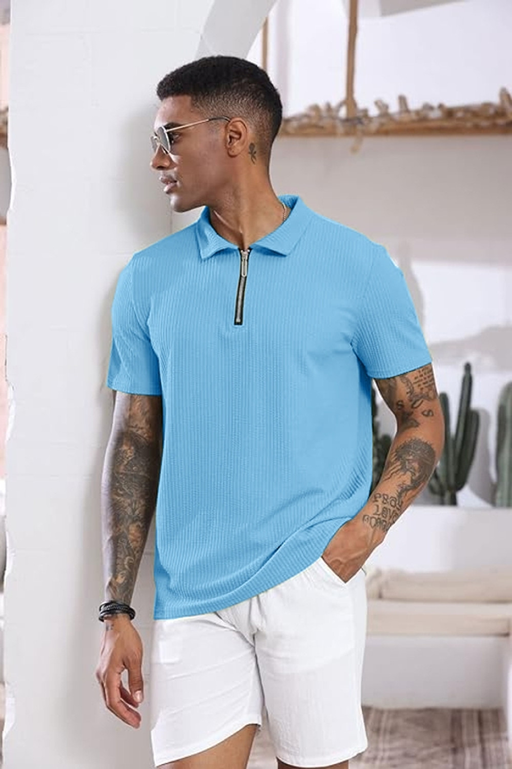 Image of Denzolee Men Self Design Zip Neck Cotton Blend Blue T-Shirt