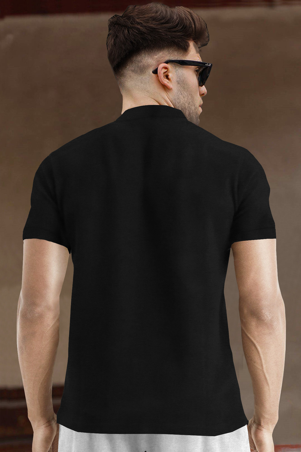 Image of TRIPR Men Solid Mandarin Collar Cotton Blend Black T-Shirt