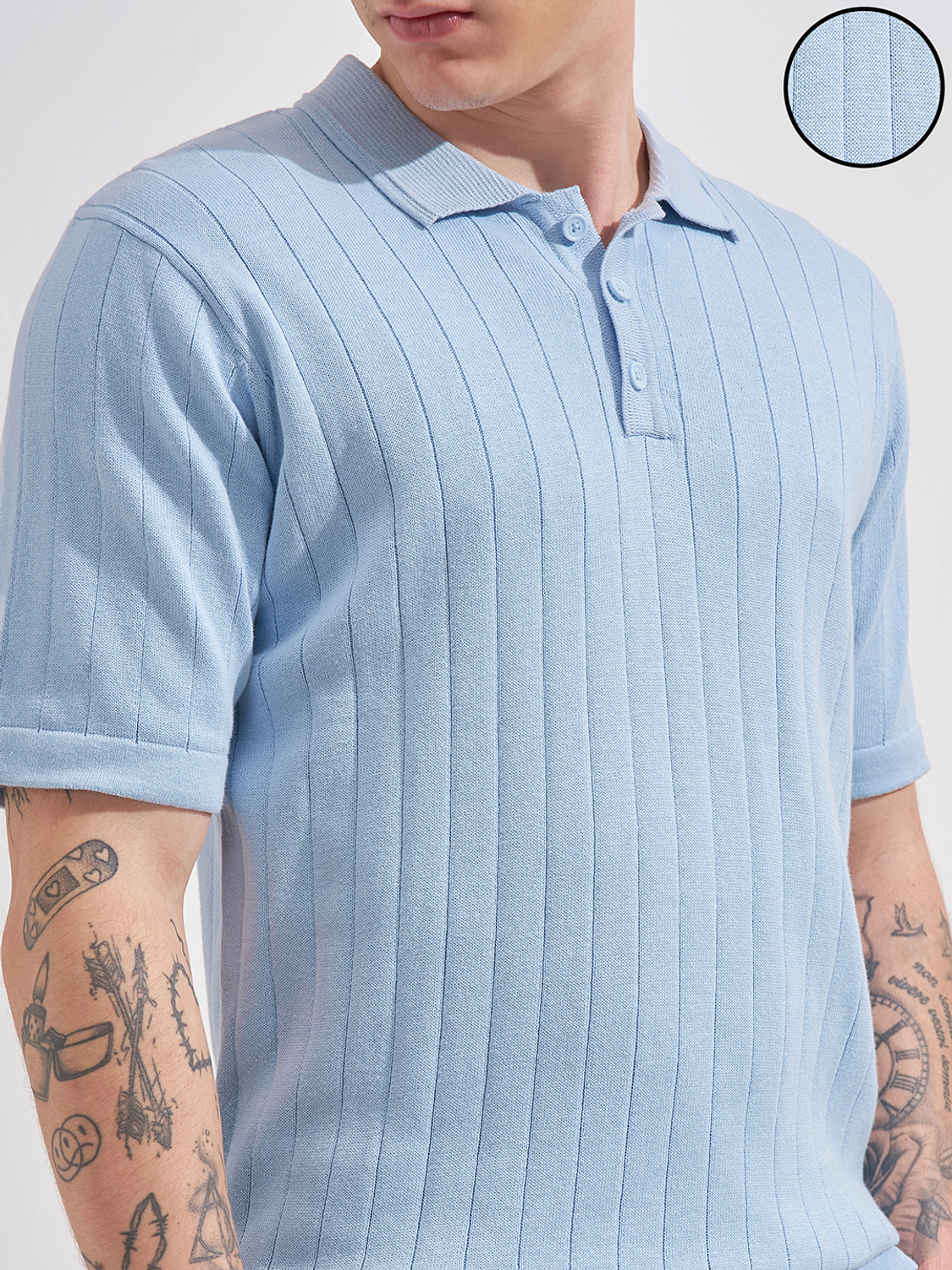 HIGHLANDER Men Light Blue Polo Neck T-Shirt - Image 1
