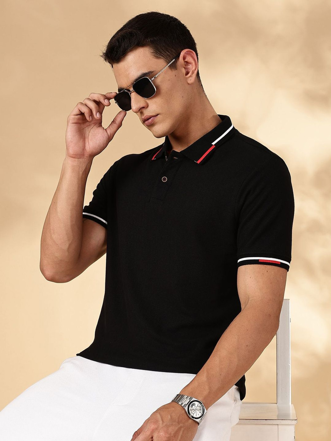 Image of Mast & Harbour Men Solid Polo Neck Pure Cotton Black T-Shirt
