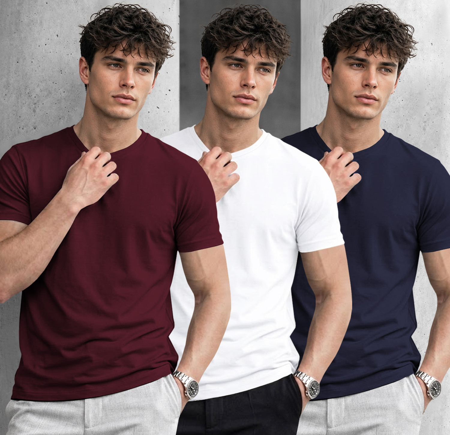 Image of P collection Pack of 4 Men Solid Round Neck Polyester White, Black, Dark Green, Maroon T-Shirt