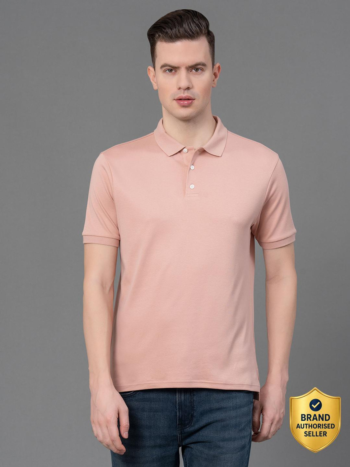 Image of RED TAPE Men Solid Polo Neck Pure Cotton Blue T-Shirt