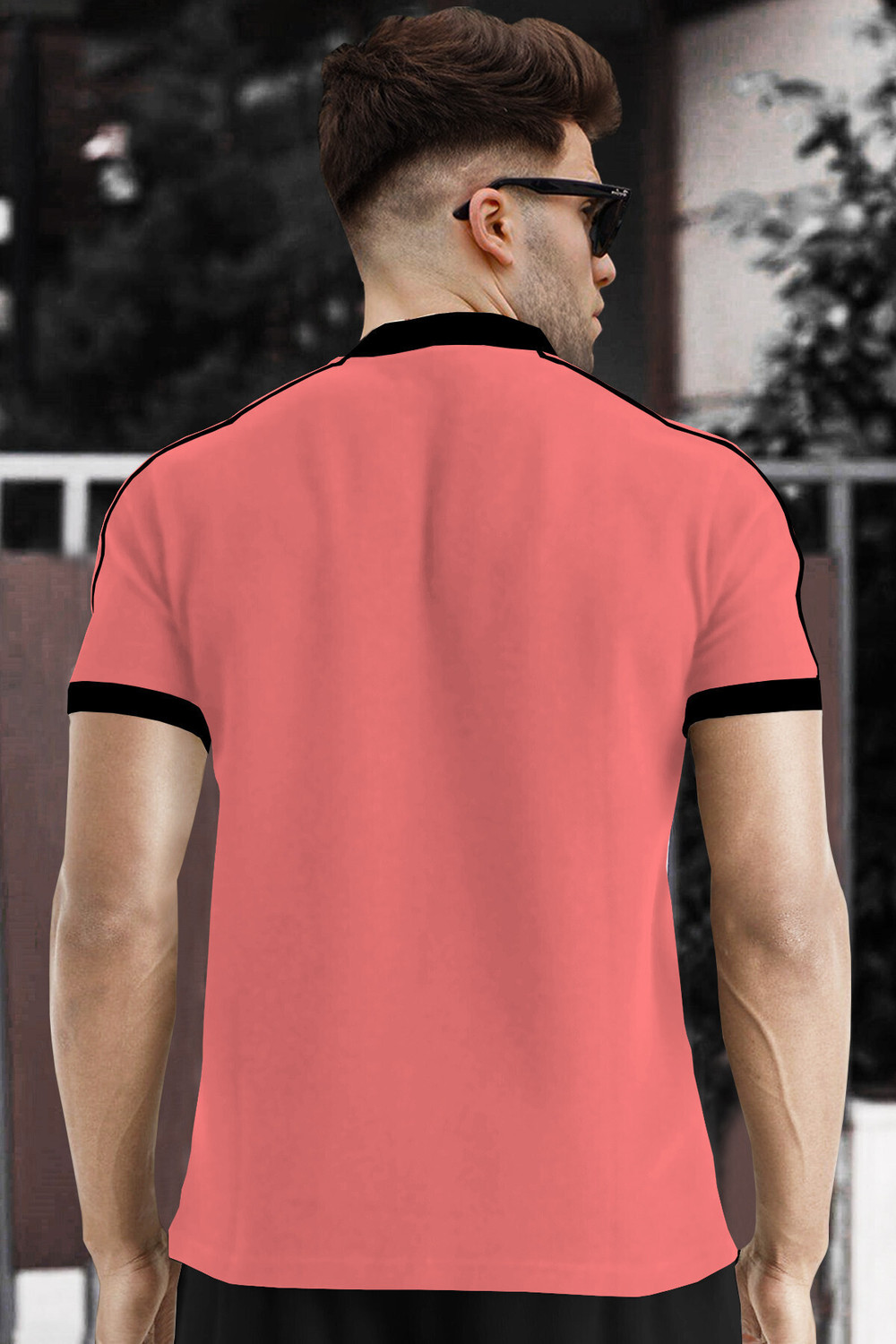 Image of TRIPR Men Solid Mandarin Collar Cotton Blend Pink, Black T-Shirt