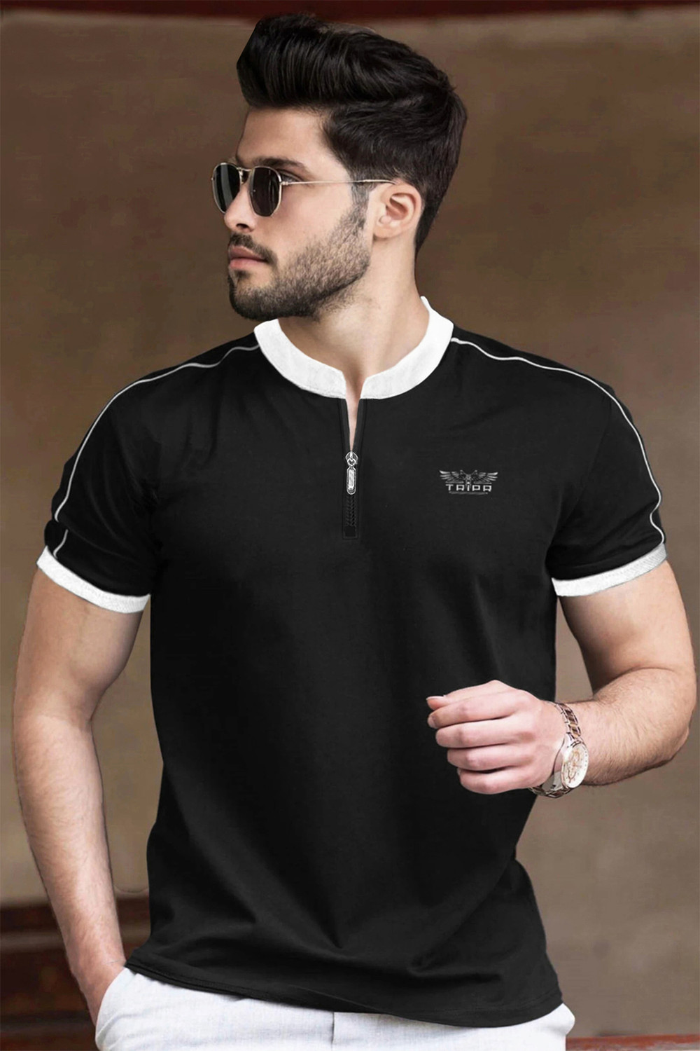 Image of TRIPR Men Solid Mandarin Collar Cotton Blend Black, White T-Shirt