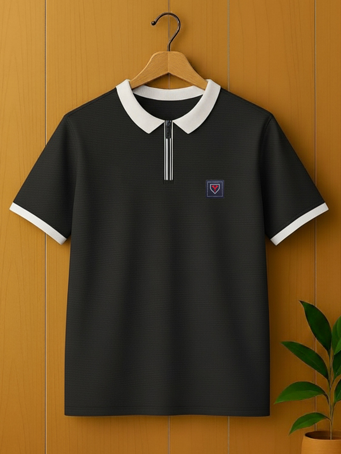 Yazole Men Zip Neck Black T-Shirt - Image 1