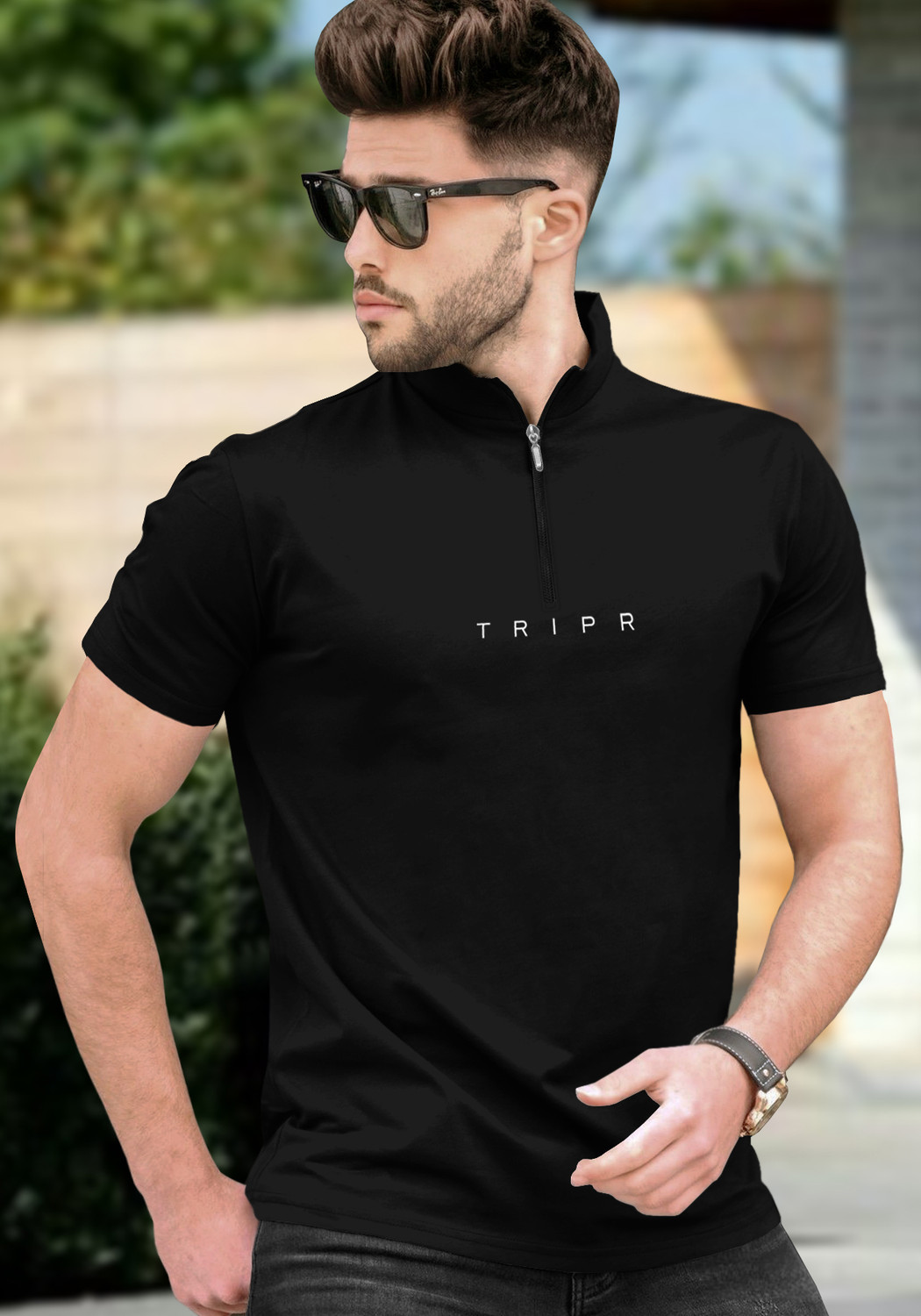 Image of TRIPR Men Solid Mandarin Collar Cotton Blend Black, White T-Shirt