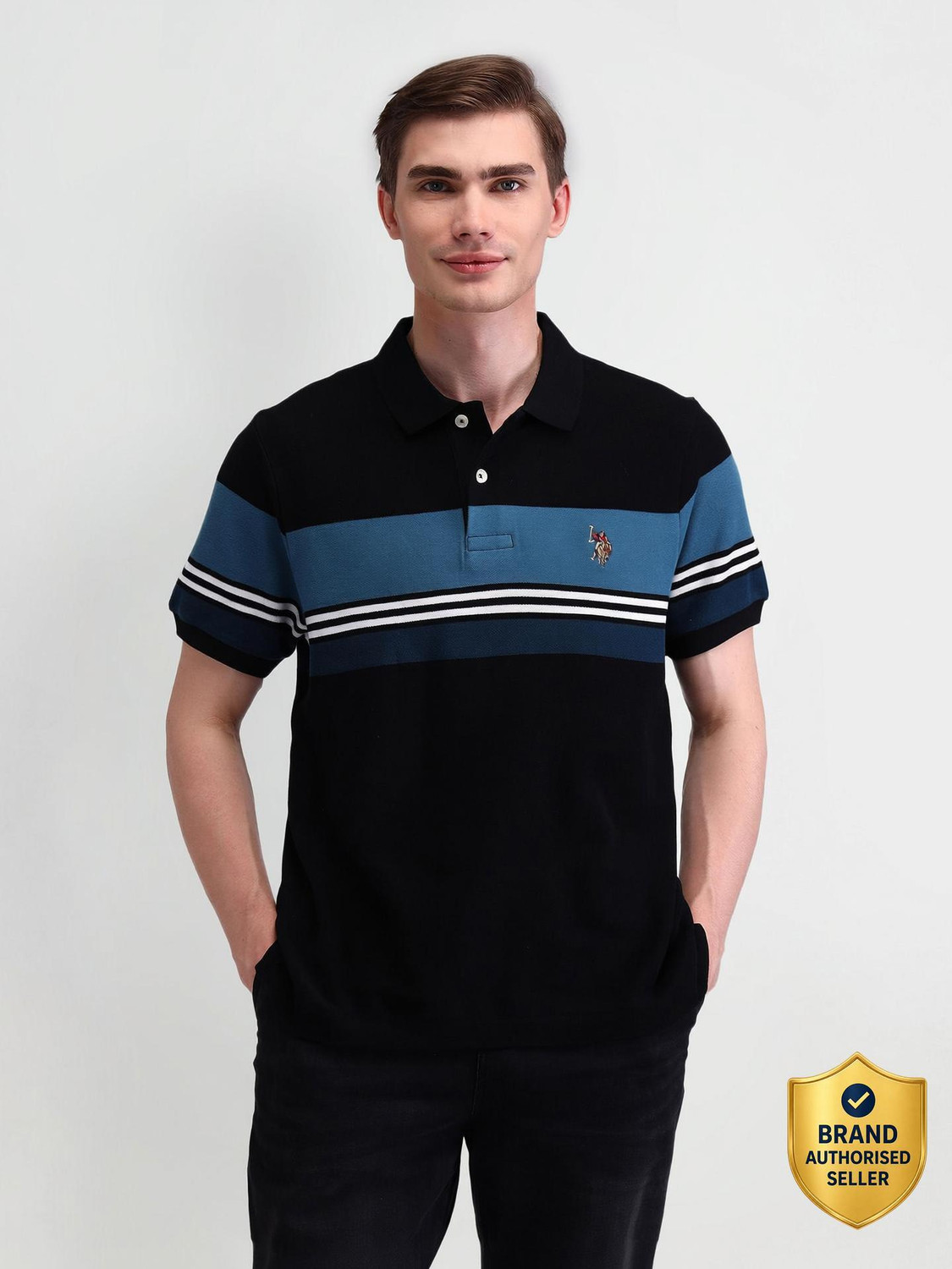 Image of U.S. POLO ASSN. Men Solid Polo Neck Pure Cotton White T-Shirt