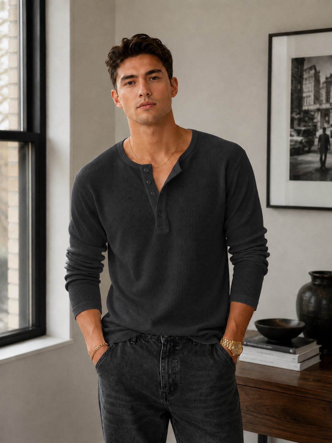 Image of The Modern Soul Men Solid Henley Neck Cotton Blend White T-Shirt