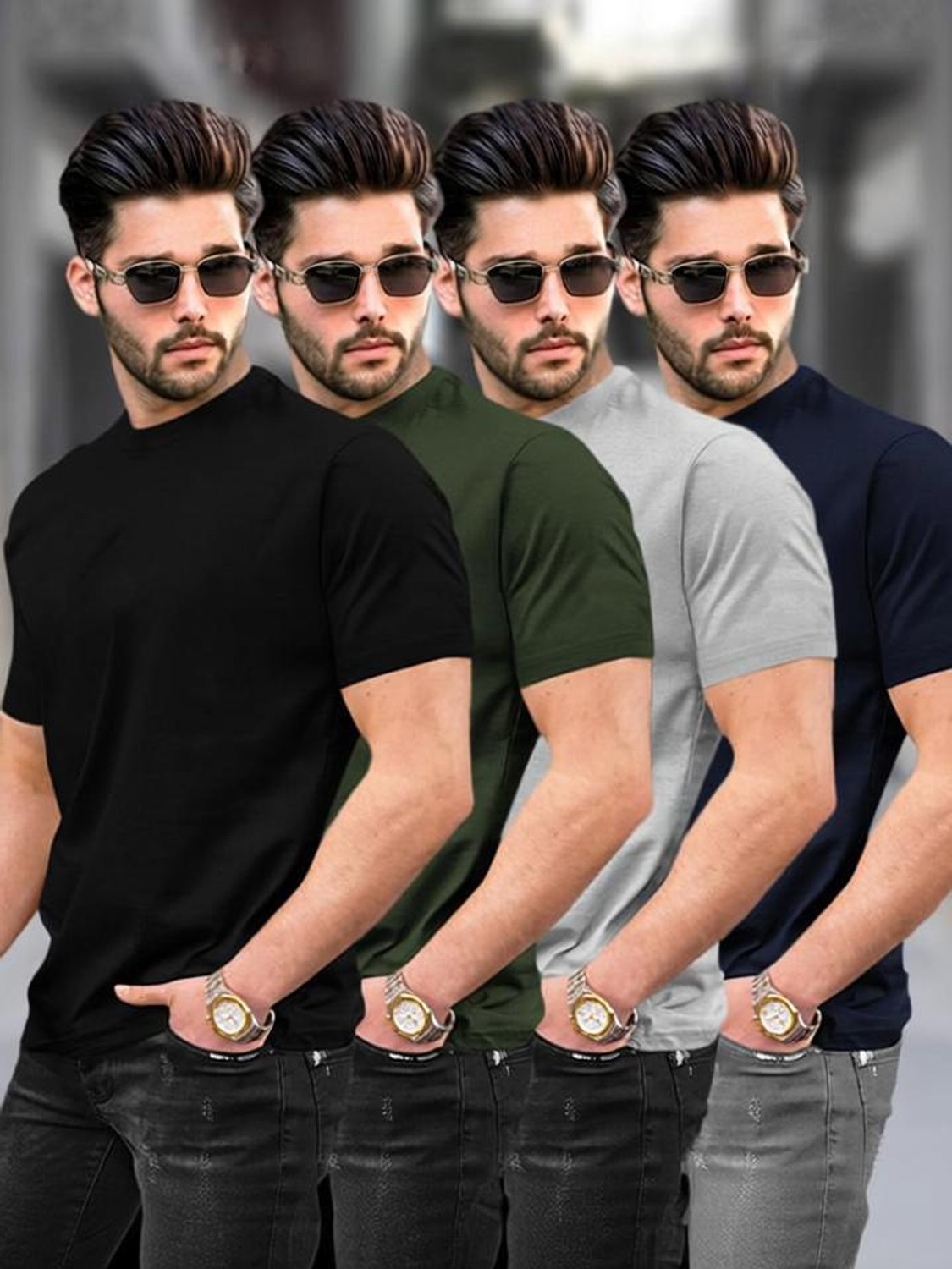 Image of TRIPR Men Solid Mandarin Collar Cotton Blend Green T-Shirt