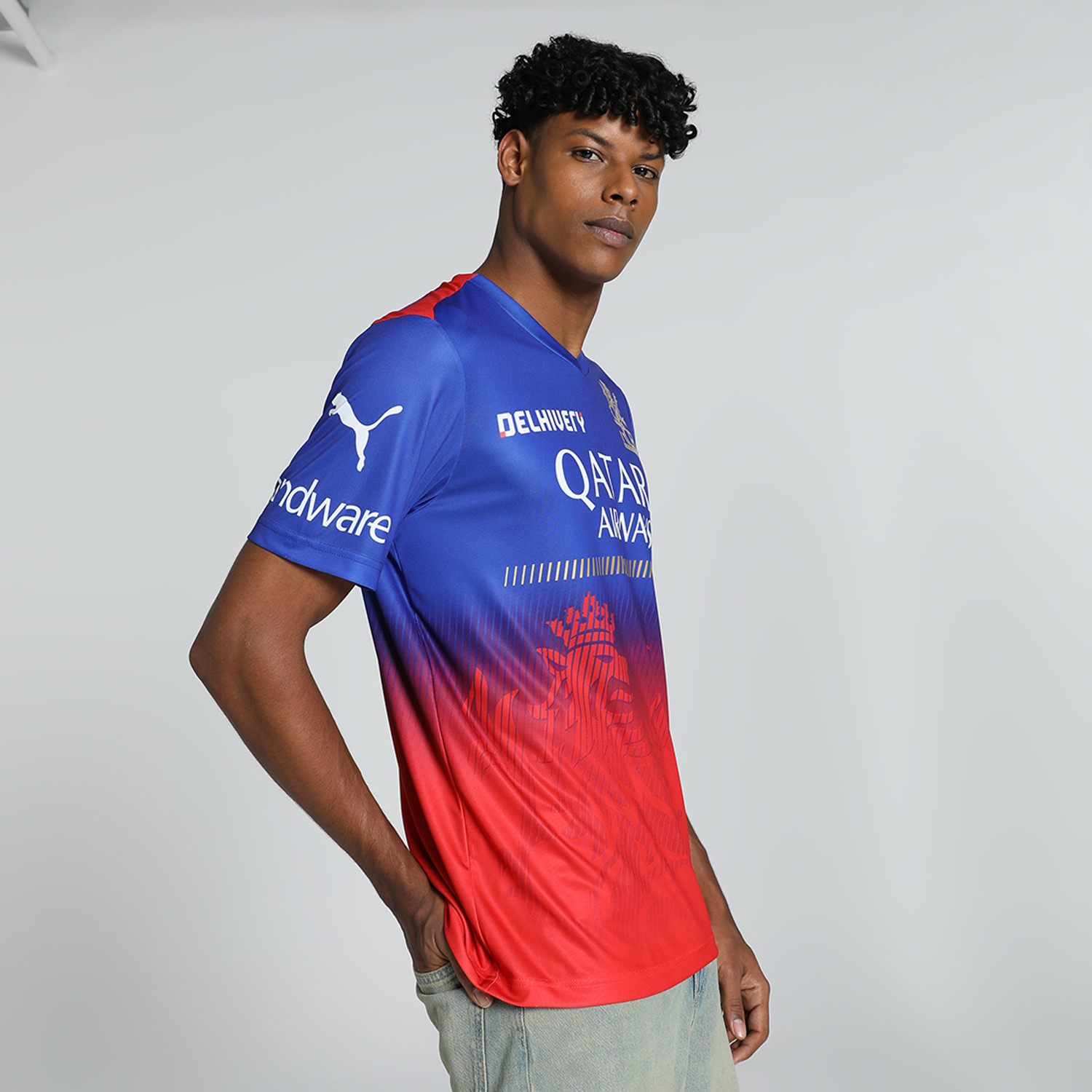 Image of PUMA RCB Replica Jerseys 2024 Men Printed V Neck Polyester Blue T-Shirt